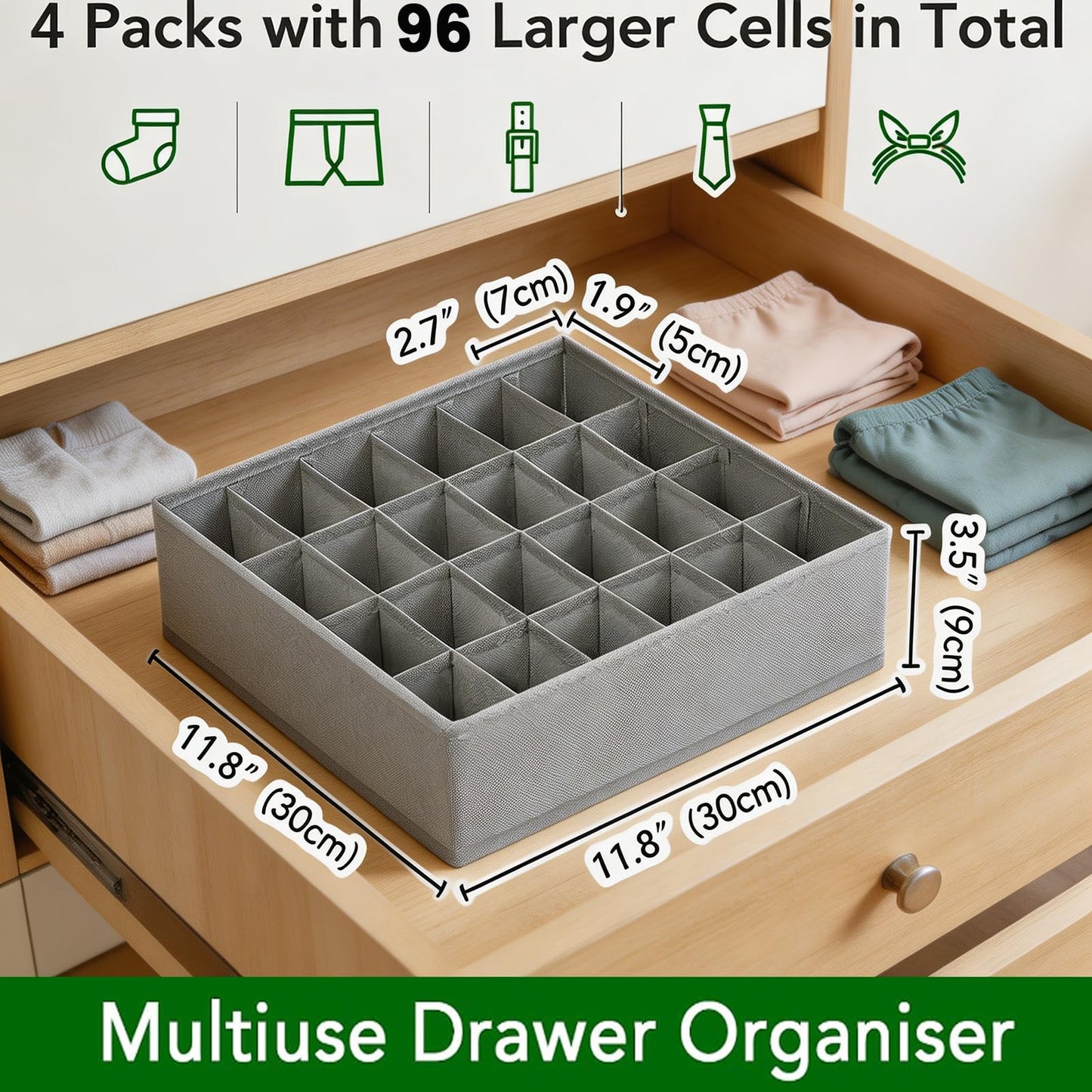 Homsorout Sock Organisers Drawer Organiser Dividers - 4 Pack 24 Cell Underwear Closet Cabinet Organizer Foldable Wardrobe Storage Boxes for Baby