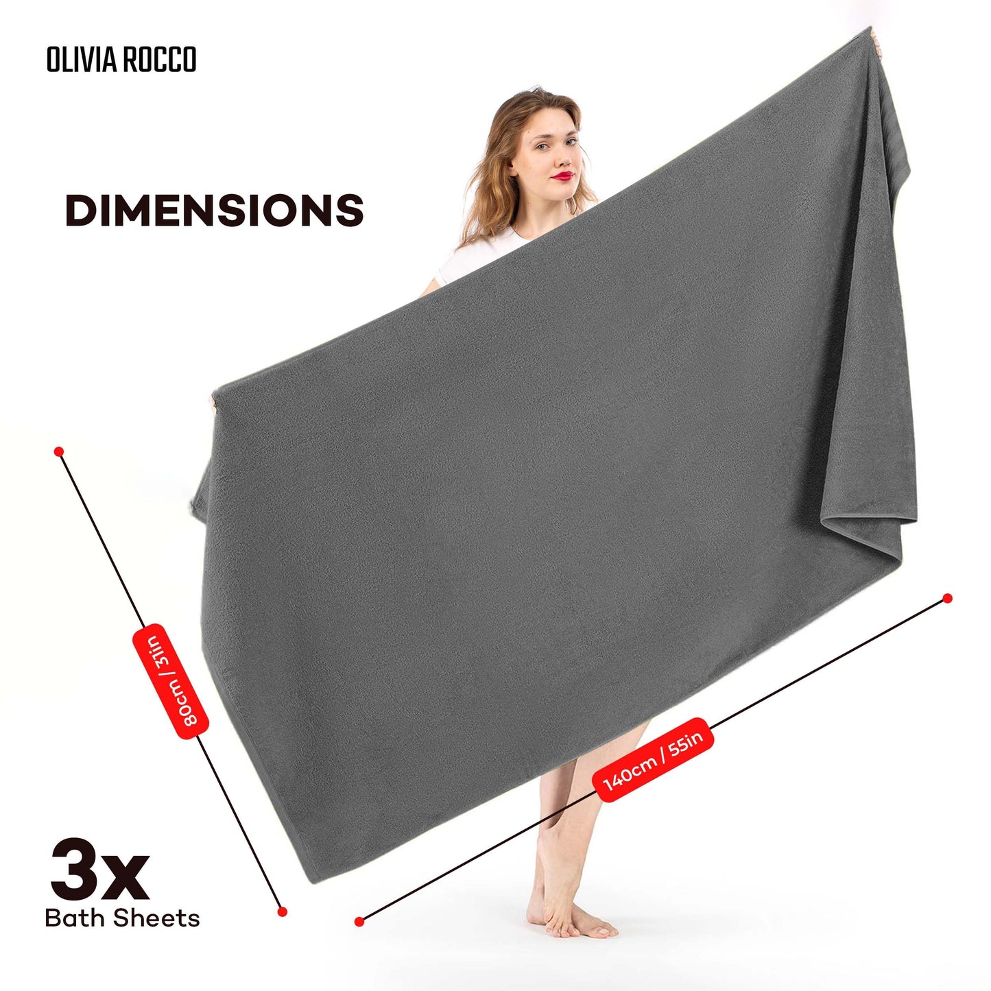 Olivia Rocco Monaco 3 Pack Bath Sheets Highly Absorbent Premium Quality 100% Cotton Large Towel Set Extra Soft Quick Dry Large Towels Bath Sheet 500
