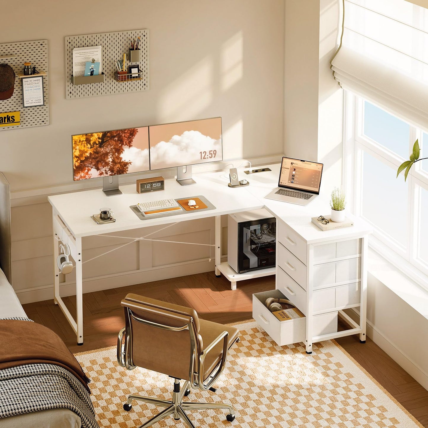 ODK Corner Desk with Drawers, 135 × 100 cm, L-Shaped Desk, White