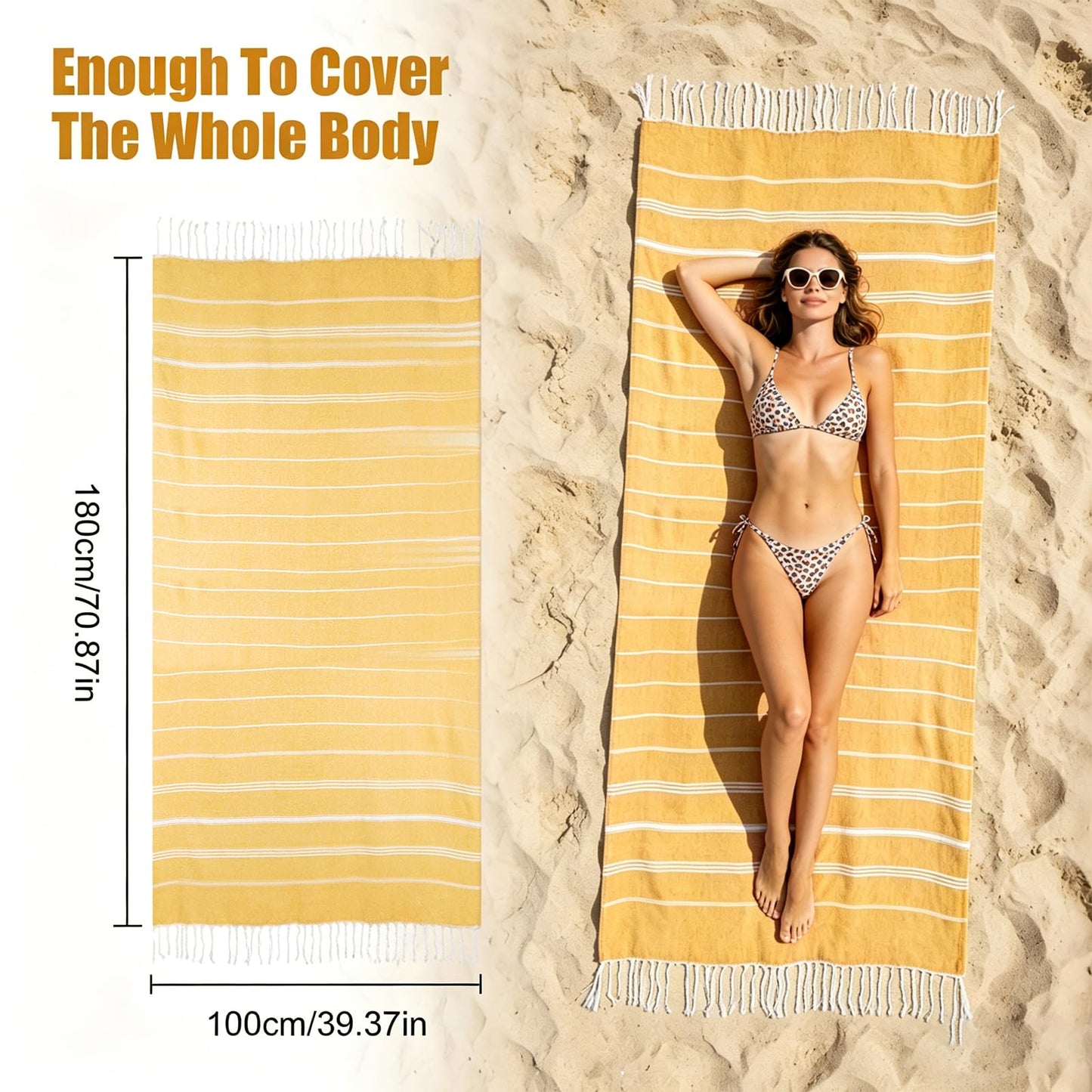 Beach Towels Quick Dry, Extra Large Sunbed Towel Sand Free, Yellow Pool Towels for Dock Bay Swimming Pool Travel Holiday 180 x 100cm