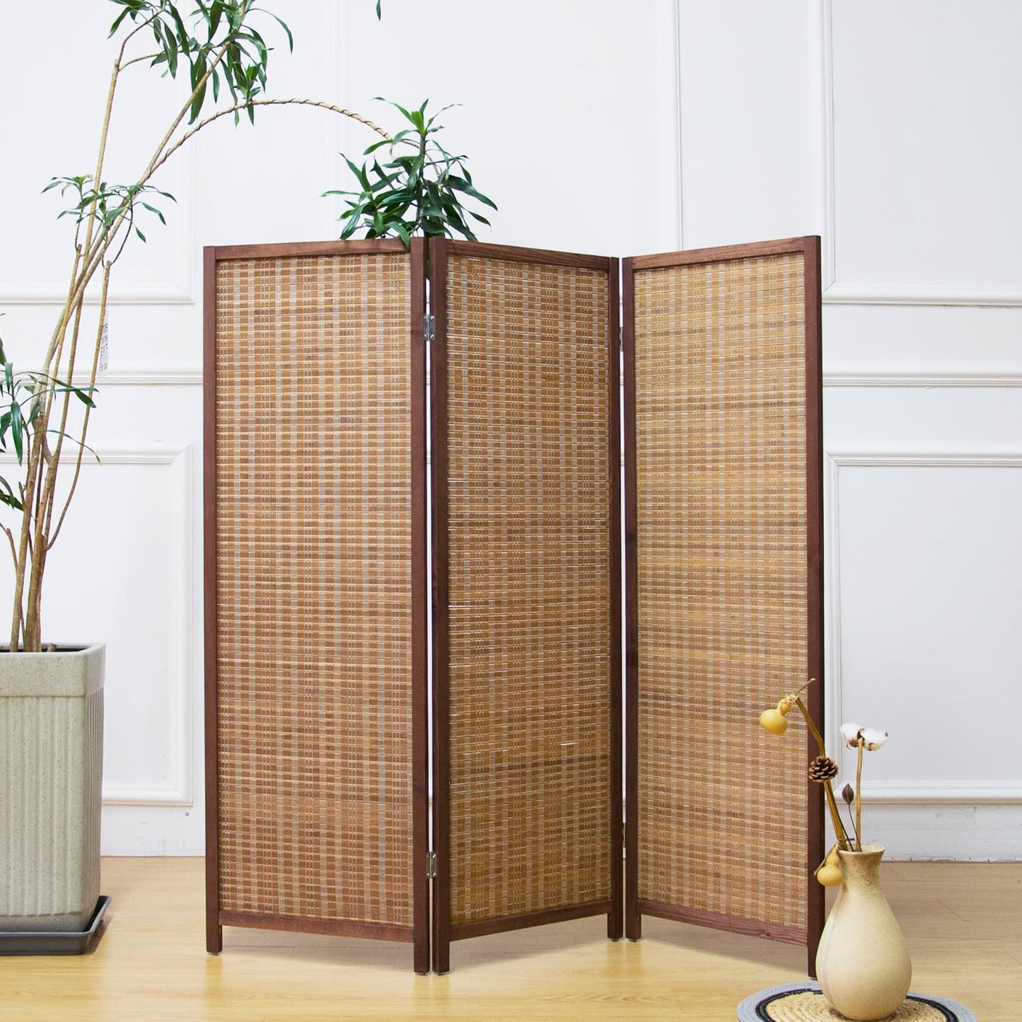 Furnnylane 3 Panel Bamboo Room Divider Short Folding Screen Divider,Double Sided Bamboo Divider Screen for Room Separation,Brown,120 cm H x 117 cm W