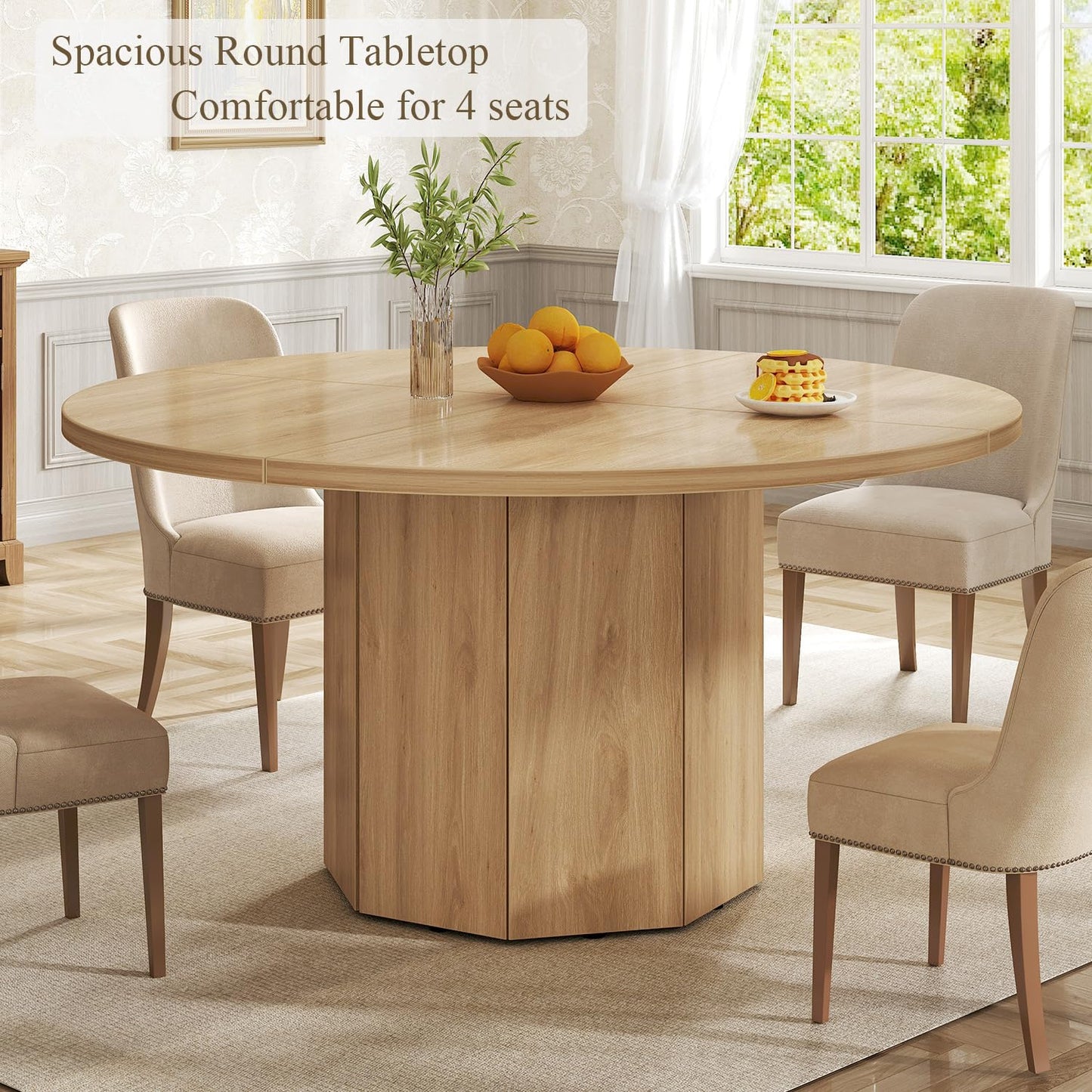 HSH Wooden Round Dining Table for 4, Modern Farmhouse Wood Dinner Table with Octagon Pedestal Base, Circular Kitchen Dining Room Table for Home