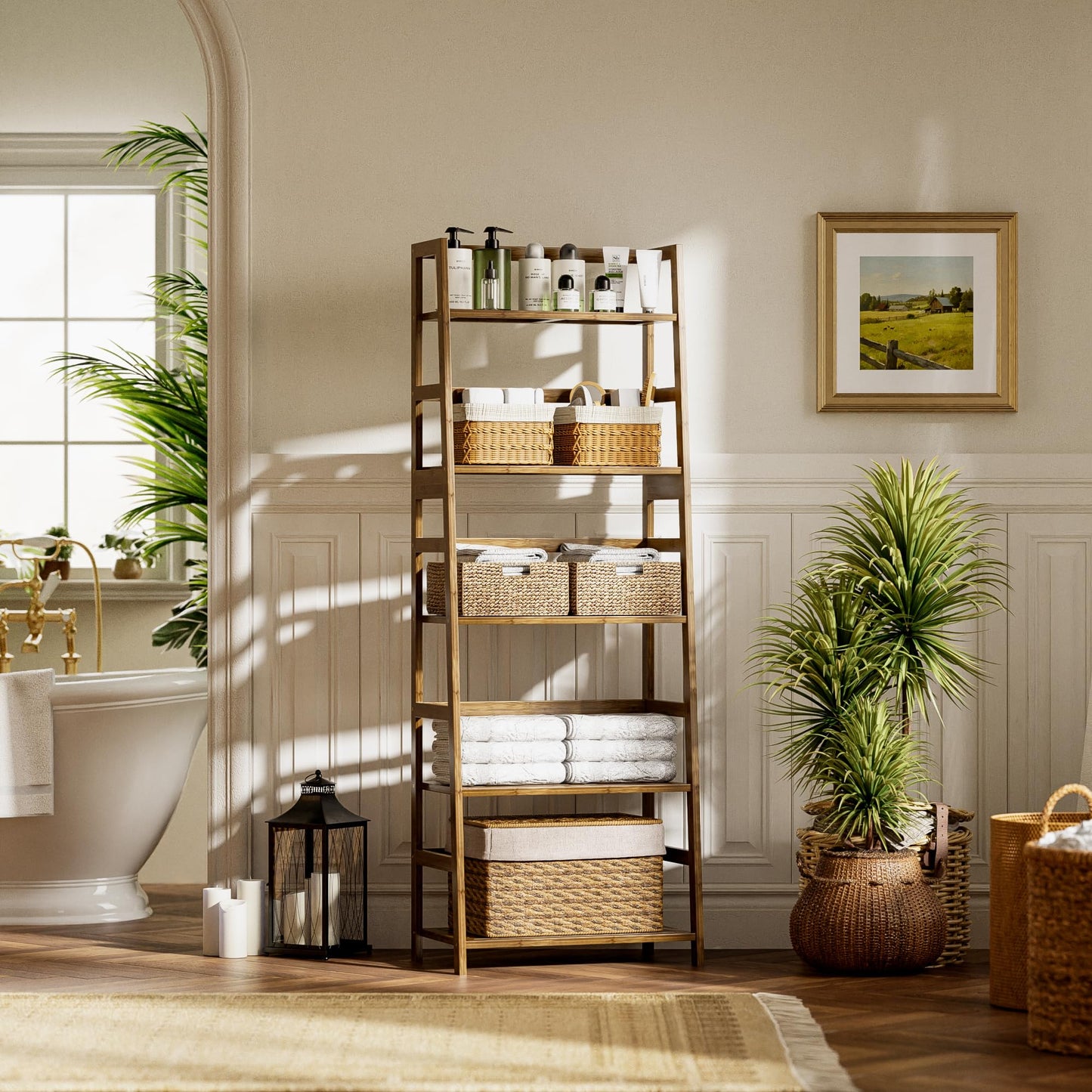 vovala Ladder Shelf, 5-Tier Bookshelf, All Bamboo Heavy Duty Bookcase, Freestanding Open Wood Storage Rack
