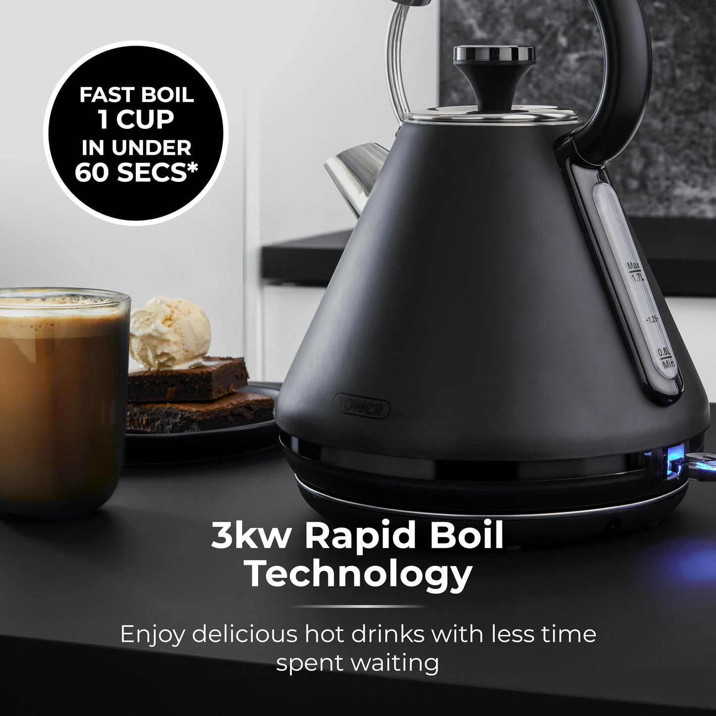 Tower T10079BLK Sera Pyramid Kettle with Smoked Black Trim, 1.7L, 3KW, Black