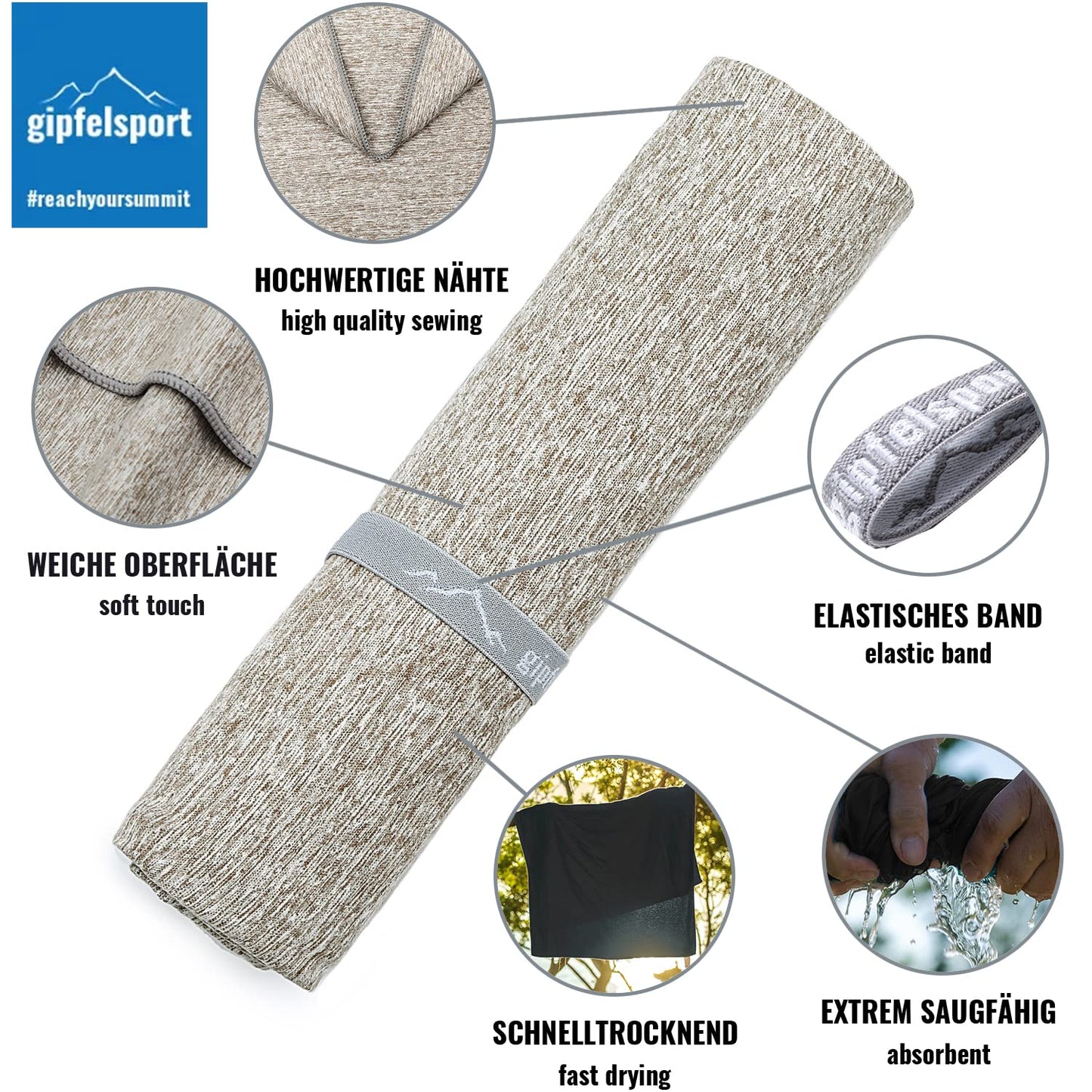 Microfibre Towel Set for Sauna, Fitness, Sports, Beach Towel, Sports Towel, Light Grey, Brush M: 110 x 50 cm