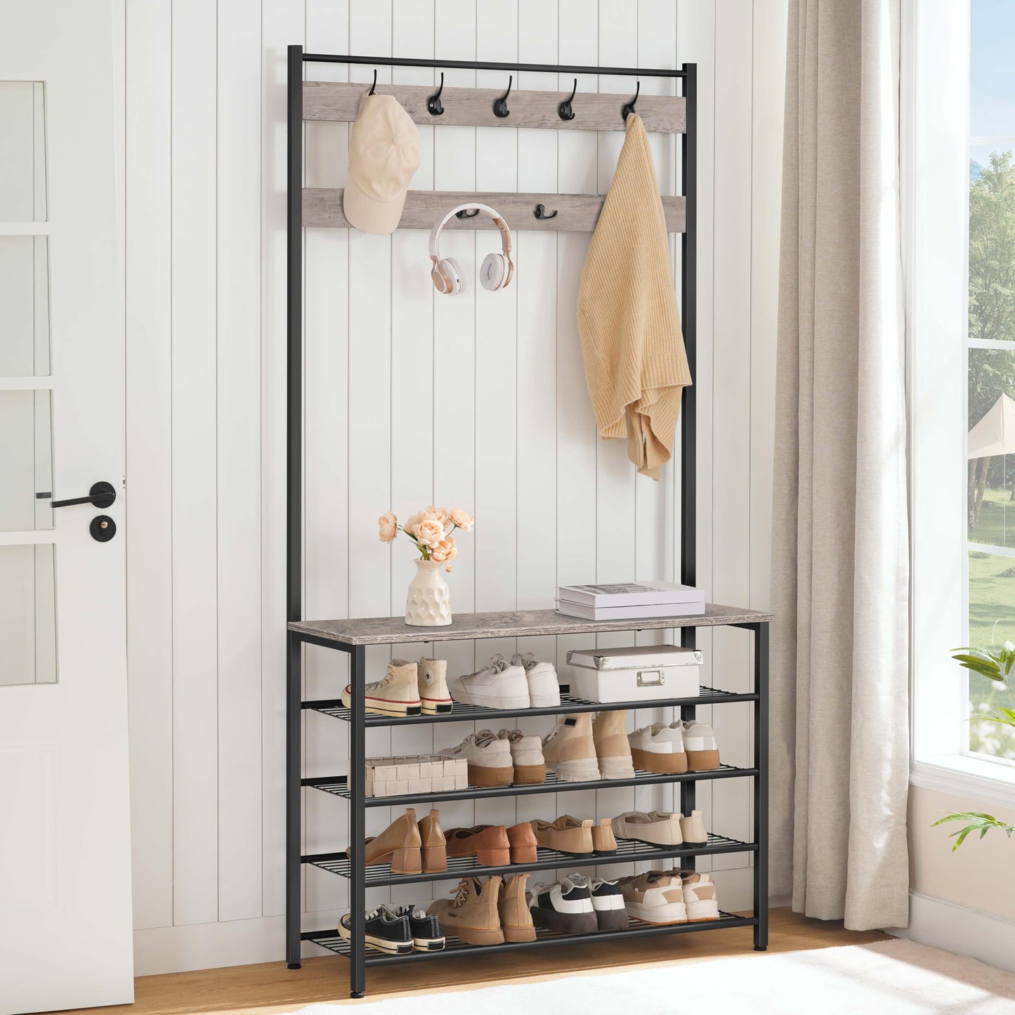 HOOBRO Coat Stand, Coat Rack with Shoe Storage, Free Standing Hall Tree with 9 Hooks, Shoe and Coat Rack for Hallway, Entryway, Metal Frame, Sturdy