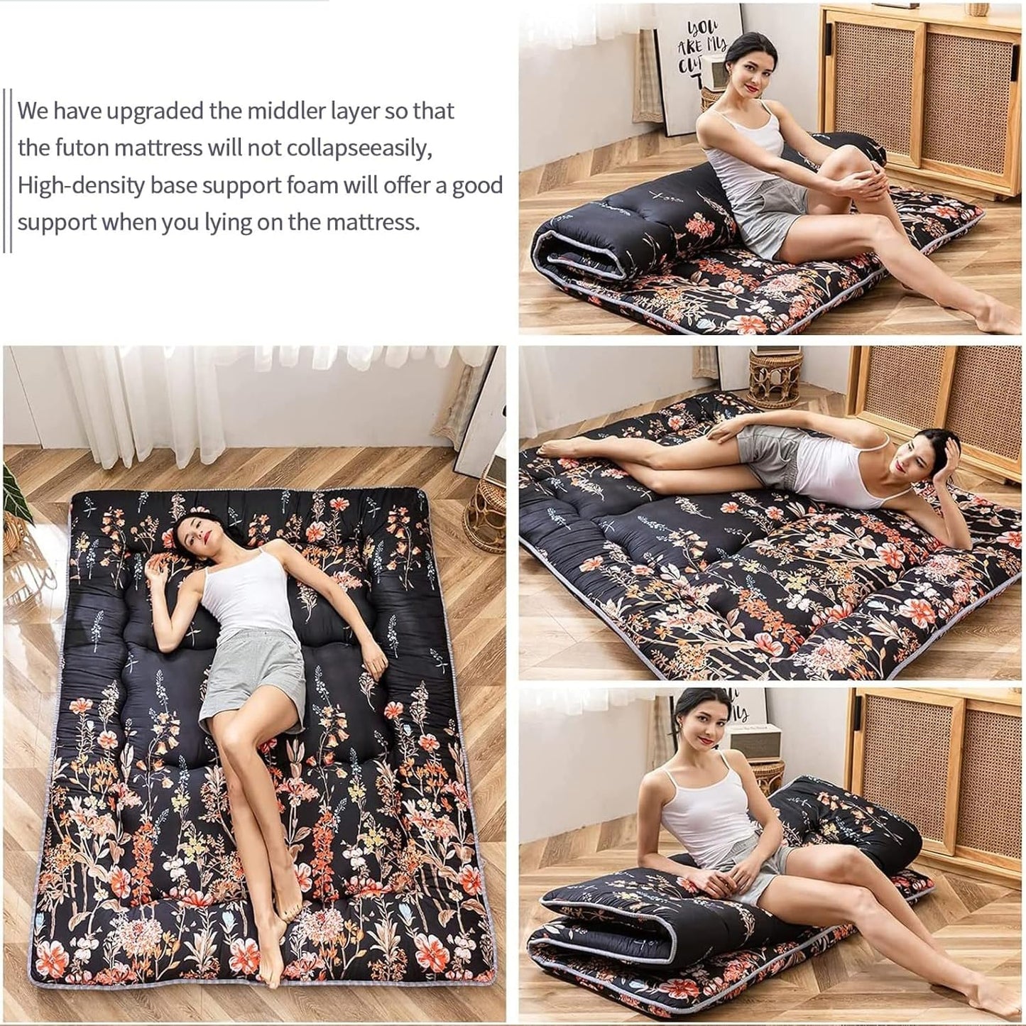 MAXYOYO Japanese Floor Futon Mattress, Thicken Tatami Mat Sleeping Pad Foldable Roll Up Mattress Dormitory Mattress Pad Floor Lounger Pillow Bed