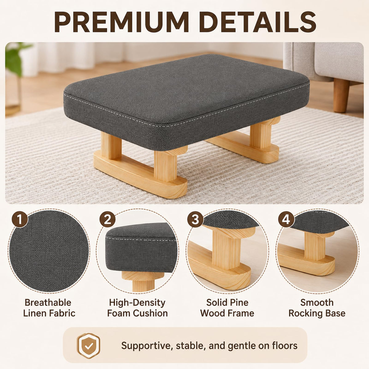 Ottoman Footstool with Wooden Legs , 41x30x18cm Pouffe Footrest with Removable Washable Cover, Solid Wood Legs Anti-Slip