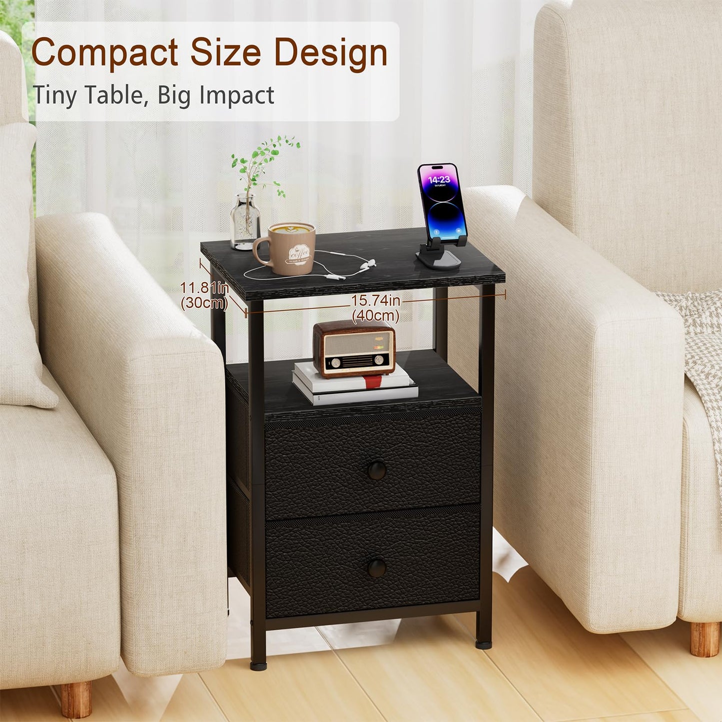 LOAKEKEL Bedside Table, Side Table with 2 Fabric Drawers, Sofa Table