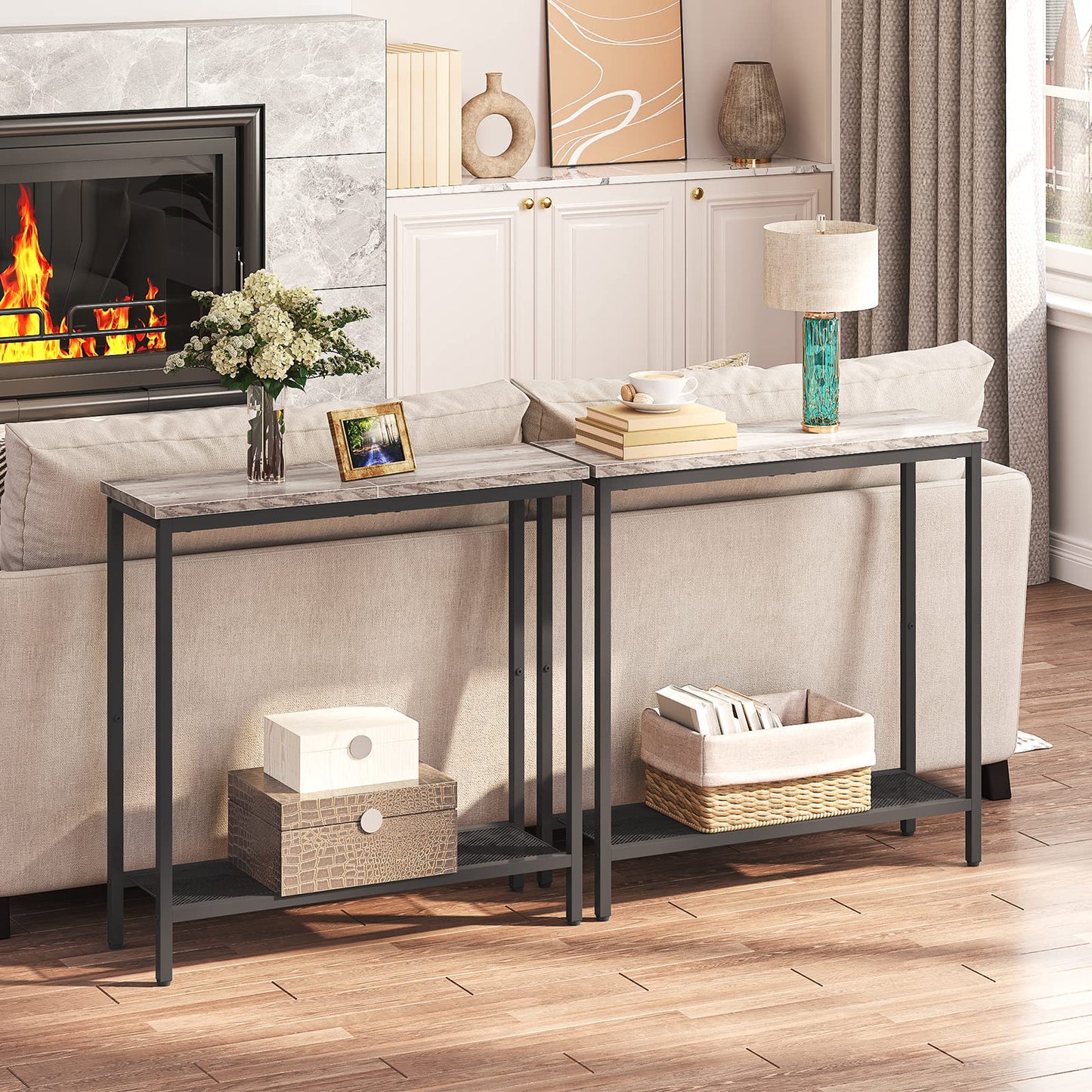 HOOBRO Slim Console Table with Storage, Narrow Console Table for Hallway, Industrial Hallway Table, Slim Sofa Table for Living Room, Bedroom