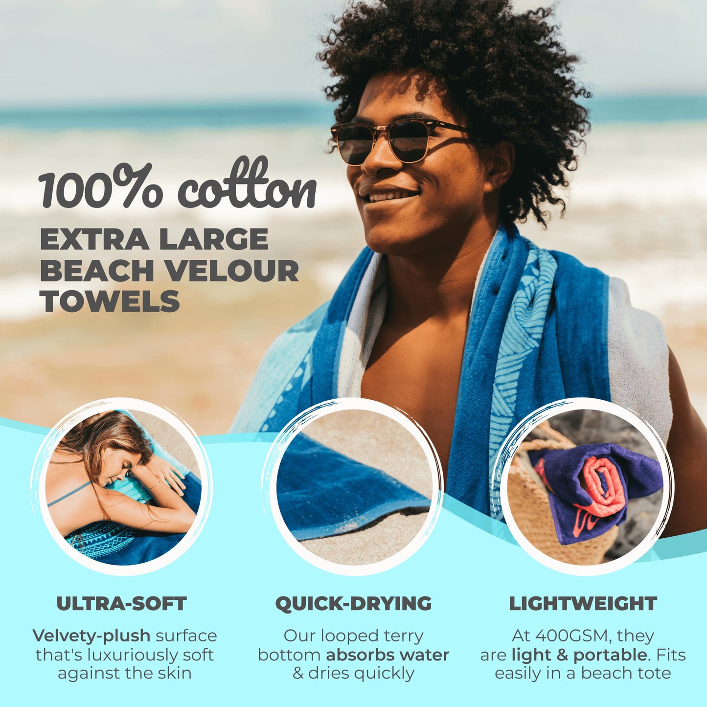 Nova Blue Shark Beach Towel – Blue with A Tropical Design, Extra Large, XL (34”x 63”) Cool Hawaiian, Navy Beach Towel with Light Blue Stripe