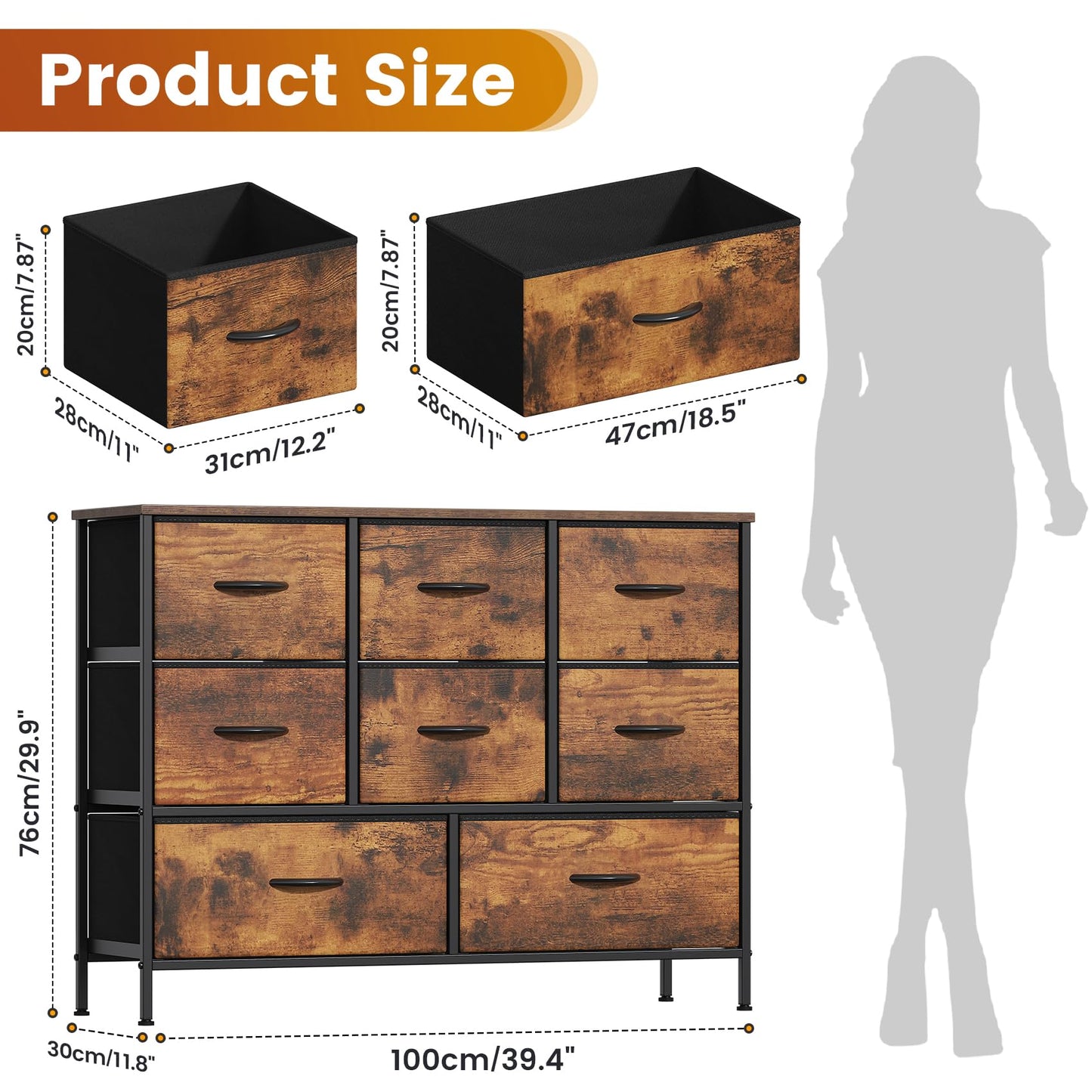 Feonase Chest of Drawers,Bedroom Dresser with 8 Fabric Drawers, Metal Frame & MDF Wood Top, Adjustable Feet, Storage Organizer Unit for Bedroom