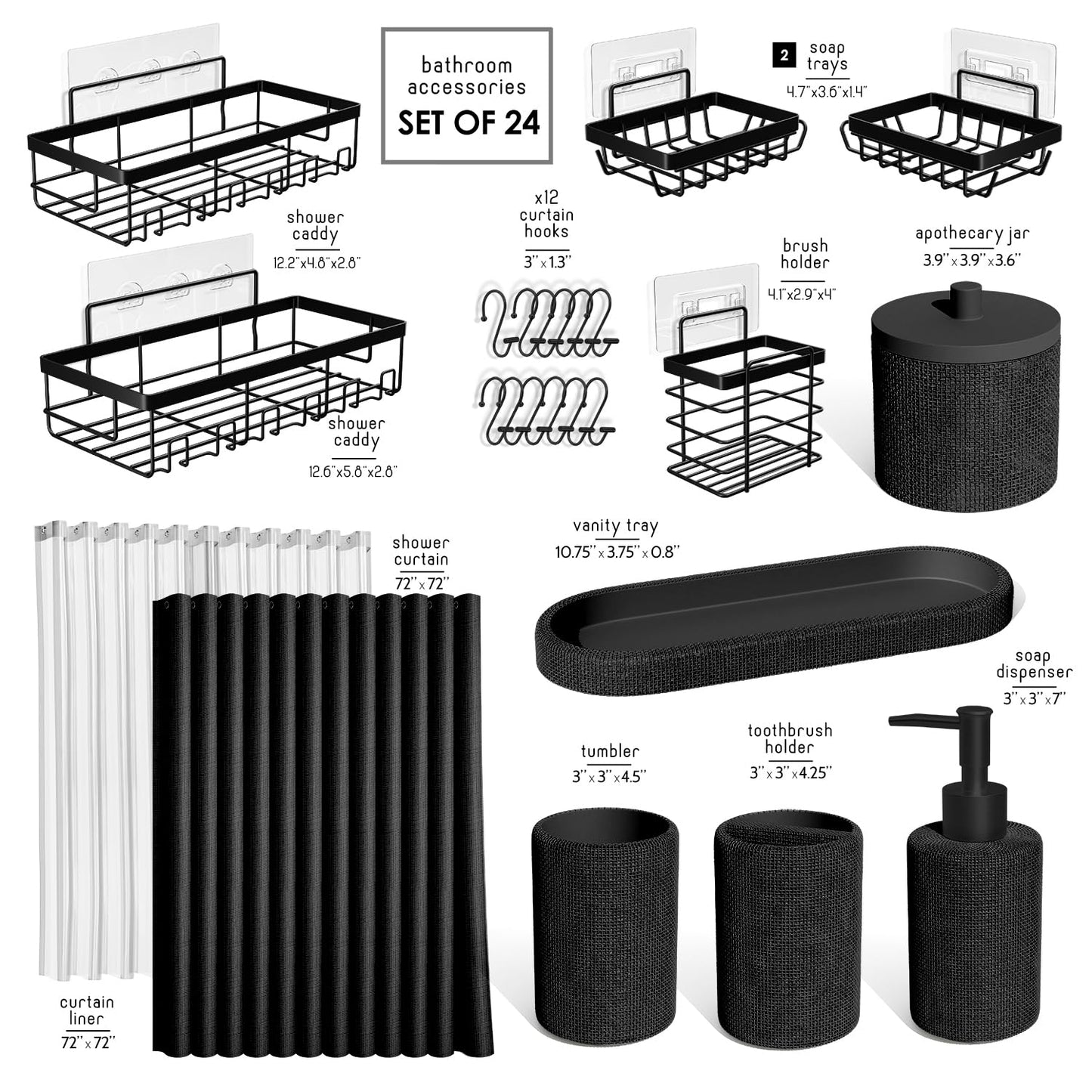 Clara Clark Bathroom Set - Black Bathroom Accessories Set, 24PC Bathroom Accessory Set, Bathroom Sets with Shower Curtain Set
