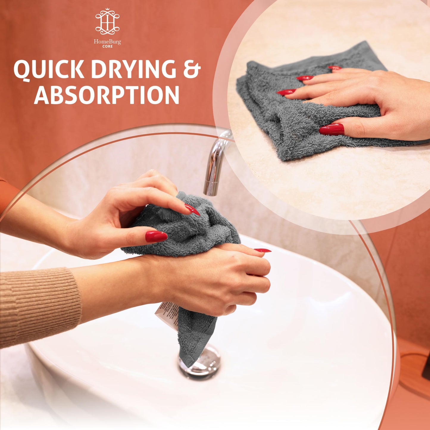 HomeBurg CORE 10-Piece Cotton Washcloths for Bathroom and Kitchen