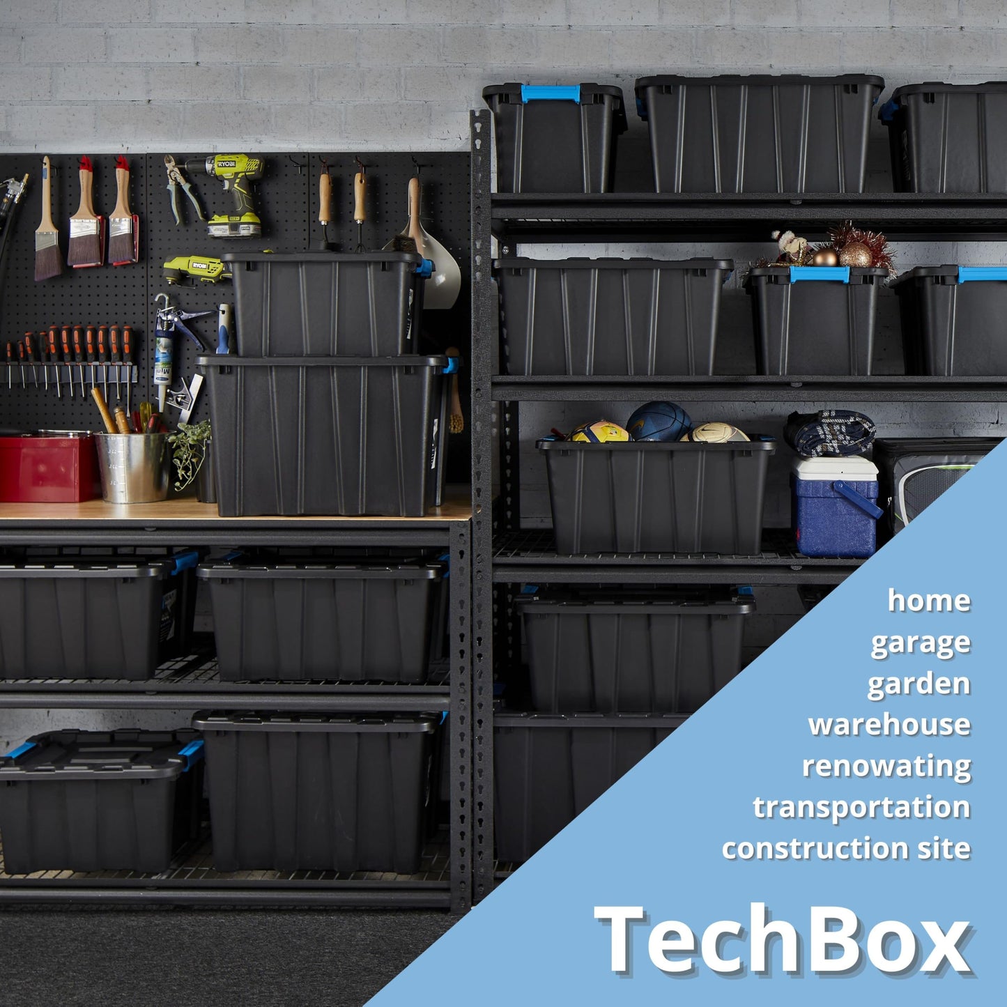 IDEA HOME Set of 5 Storage Boxes 40L with Lid TechBox HD – Heavy-duty Stackable Plastic Containers – Organiser Crates for Garage, Workshop