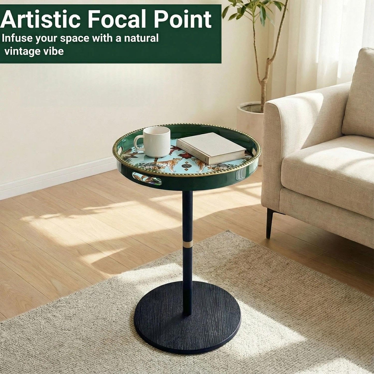 Simmer Stone Boho Round Side Table With Tray Top, Pedestal Drink Table for Small Spaces, Aesthetic Accent Nightstand for Living Room, Corners