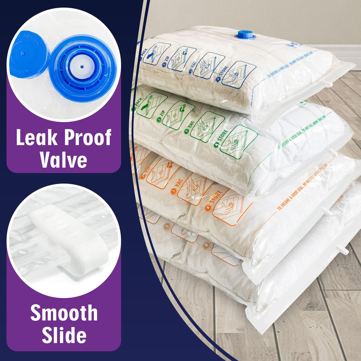 STORAGE MASTER Space Saver Bags for Travel and Home Reusable Vacuum Storage Bags Save 80% More Storage Space Work with Vacuum Cleaner