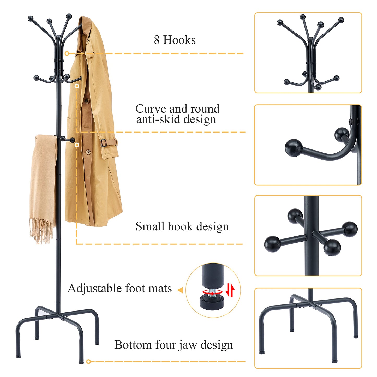 Hoctieon Entryway Coat Rack Freestanding With 12 Hooks, Metal Coat Tree Stand, Heavy Duty Floor Standing Hanger, Black