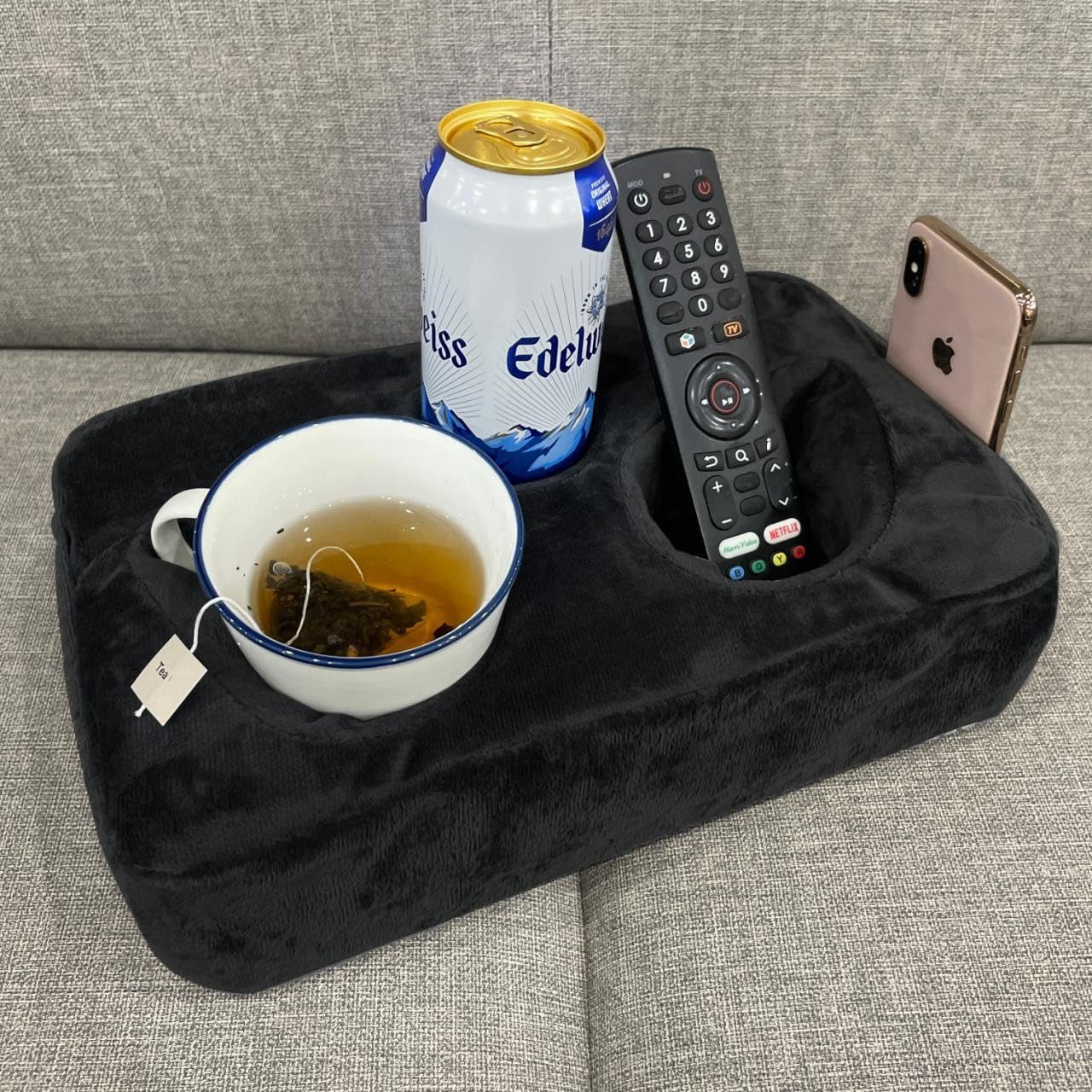 Sofa Cup Holder Caddy Pillow for Drinks, Remote & Phone Organiser