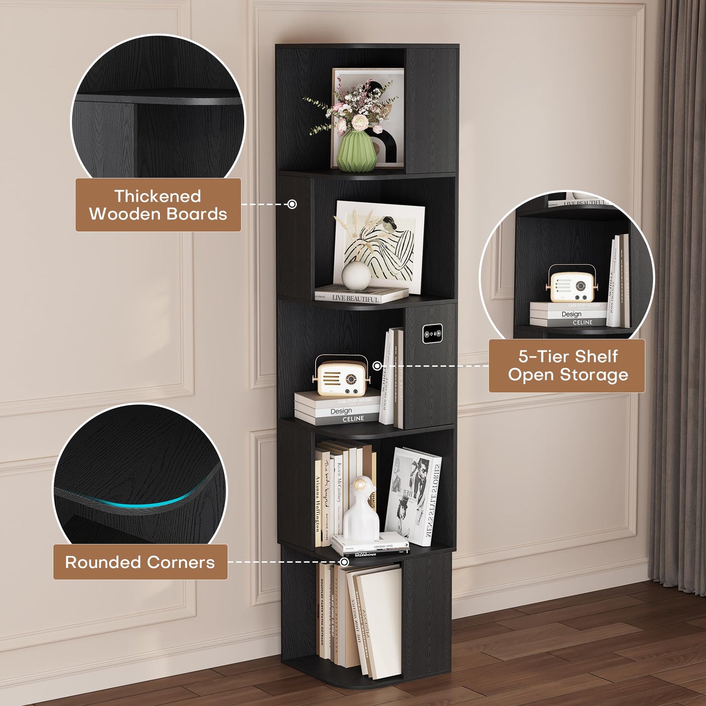 64.8 " Corner Wood Bookcase with Body Sensor LED for Home Office,Black