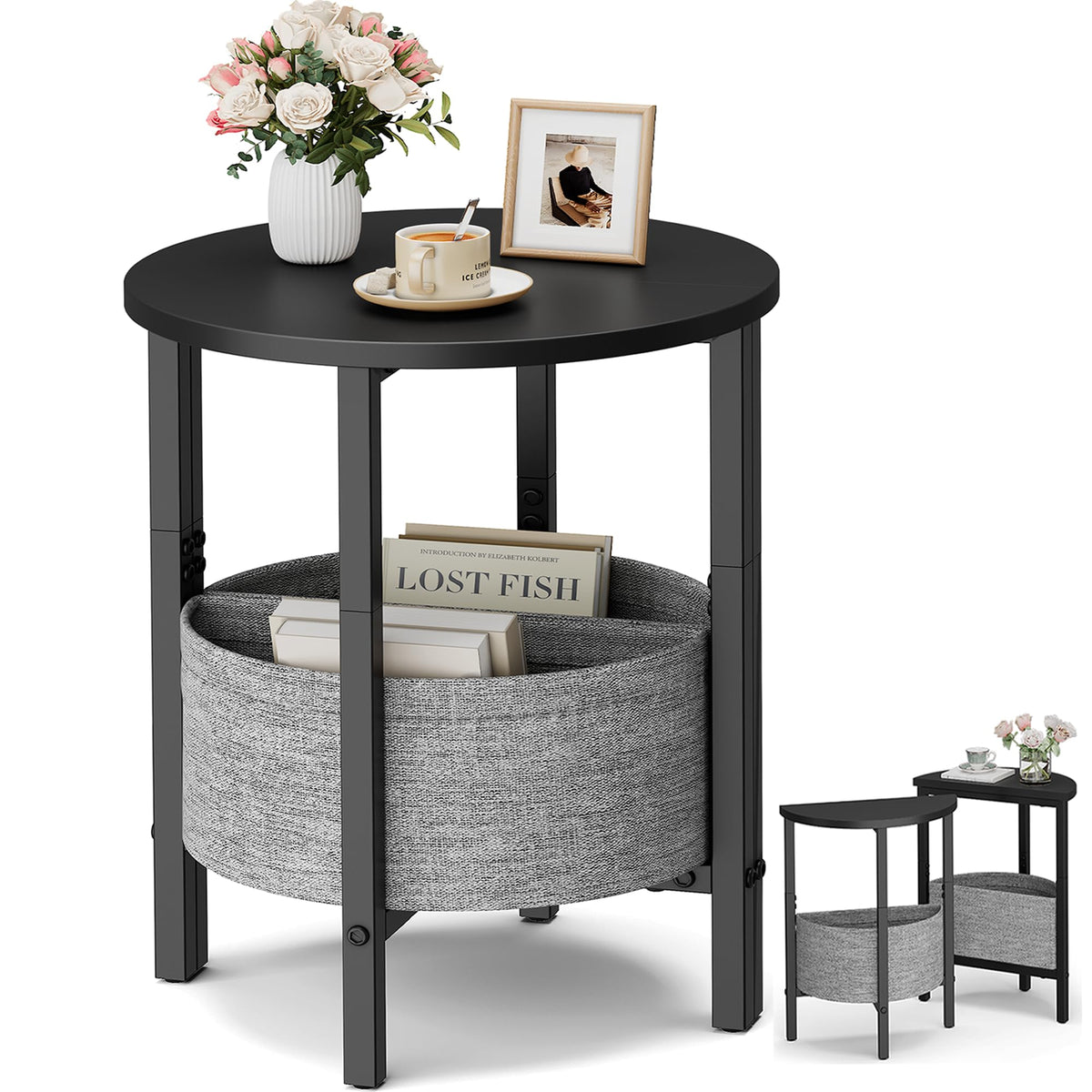Vagusicc Side Table, Round End Table with Fabric Basket, Small Coffee Table, Set of 2 Half Moon Entry Table, Accent Table Bedside Table