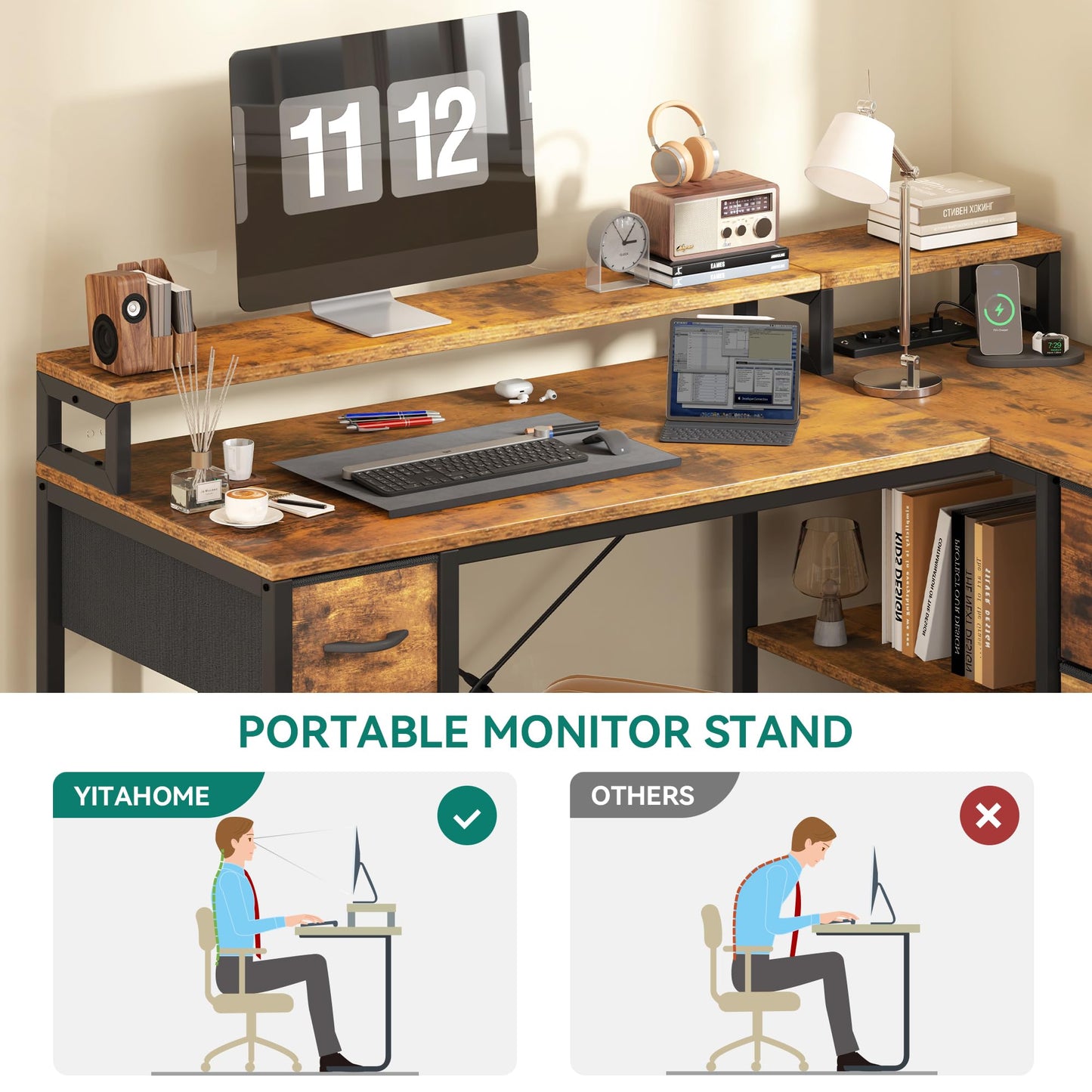 YITAHOME L Shaped Computer Desk with Drawers Power Outlet 140cm Brown