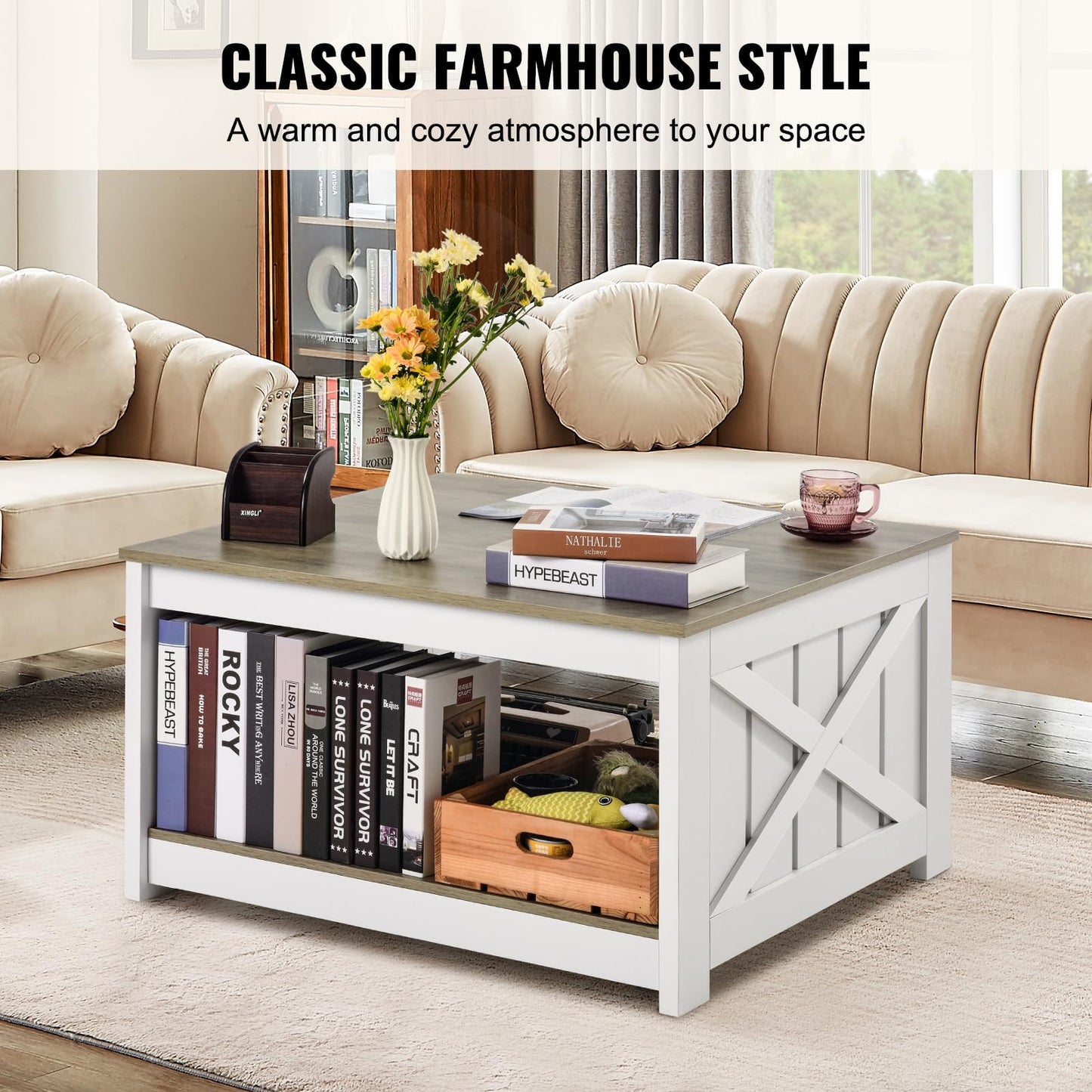 VEVOR 31.5" Farmhouse Coffee Table, Square Coffee Table with Open Storage Compartment, Wooden Rustic Cocktail for Living Room, Bedroom, Apartment