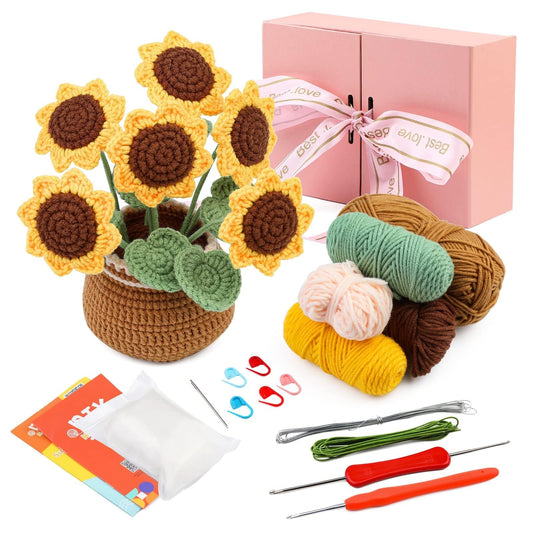 ENCHOL Beginners Crochet Kit, Crochet Kits for Beginners Adults, Complete Crochet Starter Kits, Crochet Potted Flowers, Mother's Day Sunflower Potted