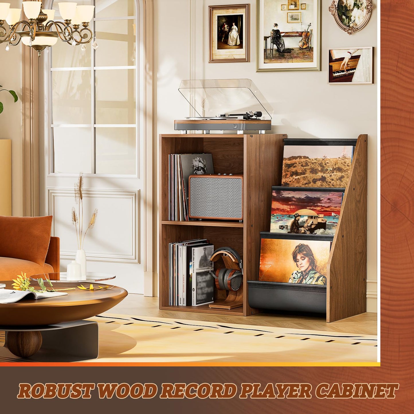 Bikoney Record Player Stand with 3-Tier Vinyl Storage for 220 LPs - Walnut