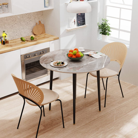 Kitchen Dining Table Marble Tabletop: Round 80cm Modern Sintered Stone Grey Marble Top Dinner Tables with Tapered Metal Legs Living Room Furniture