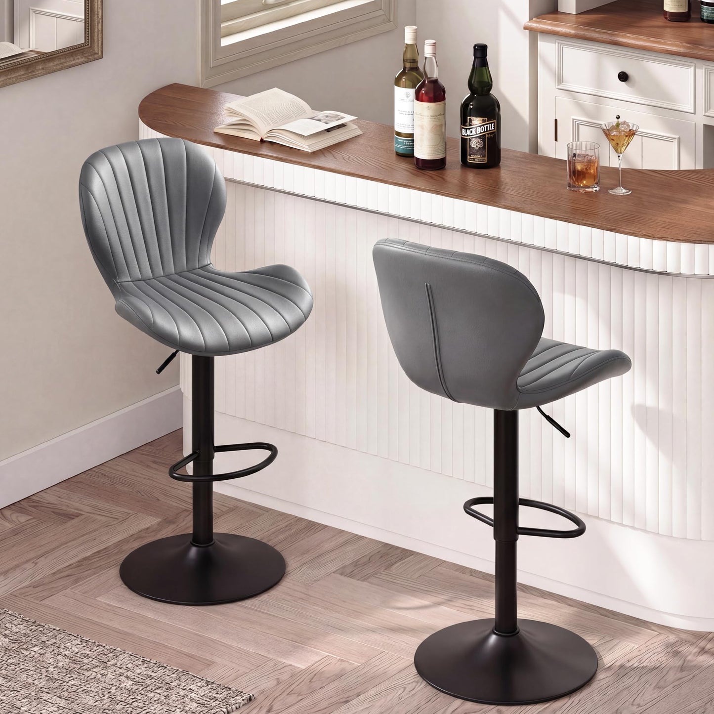 Bar Stools Set of 2, 360°Swivel Bar Chairs, Kitchen Dining Stools, Grey