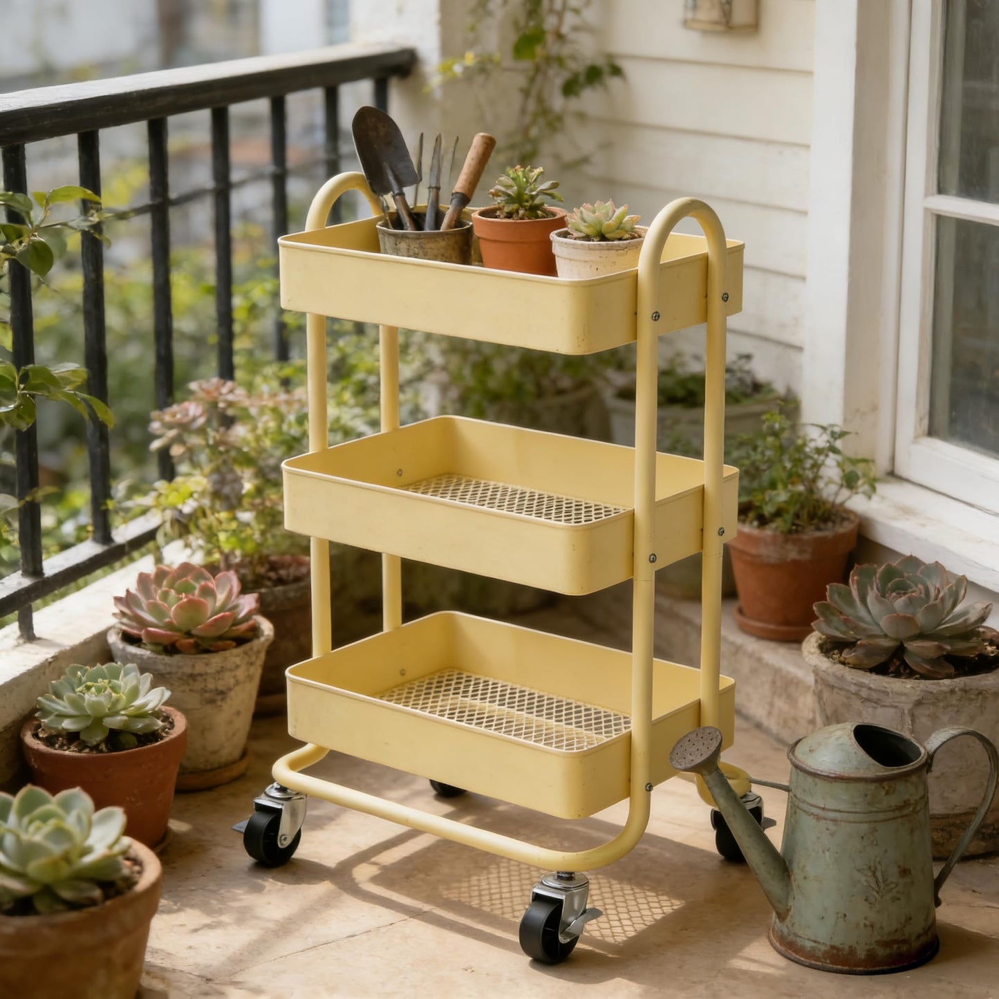 Mordchil EU 3 Tier Metal Utility Cart with Lockable Wheels for Storage, Rolling Utility Trolley Storage Cart for Home & Office, Khaki