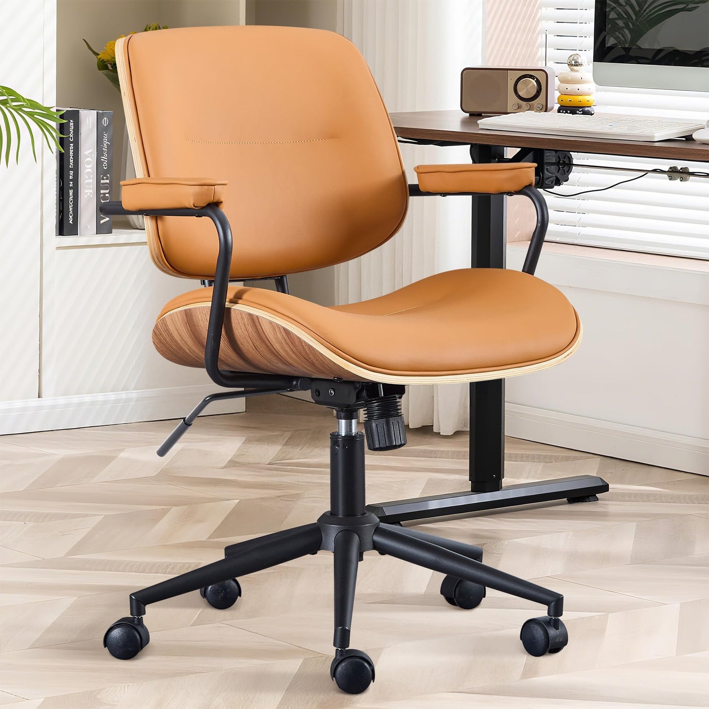 BERYTH Office Computer Desk Chair Mid Century Modern Office Chair Swivel Rolling Task Chair with Armrests and Walnut Back, Adjustable
