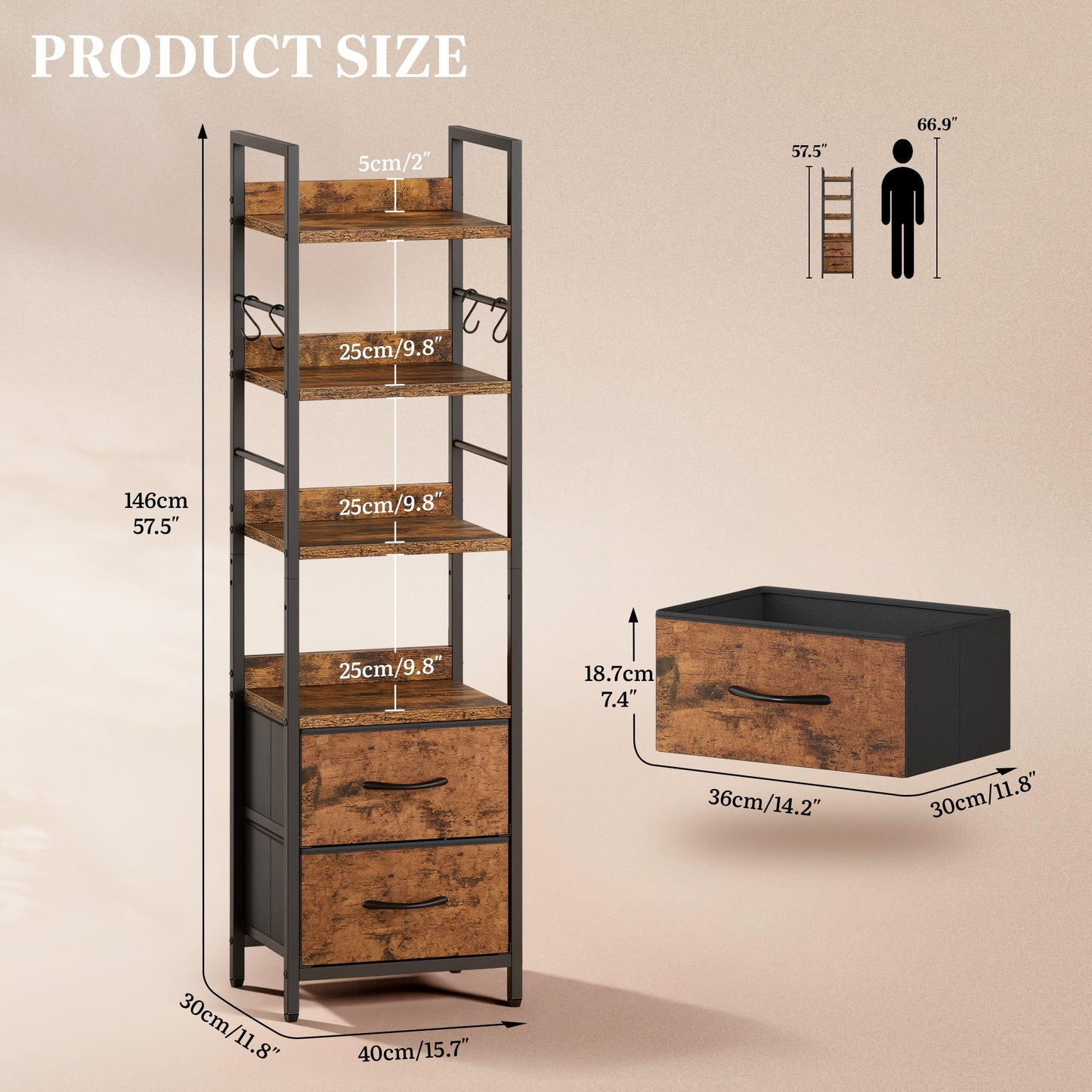 YITAHOME Industrial Bookshelf, 4-Tier Bookcase with Adjustable Shelves & 2 Fabric Drawers