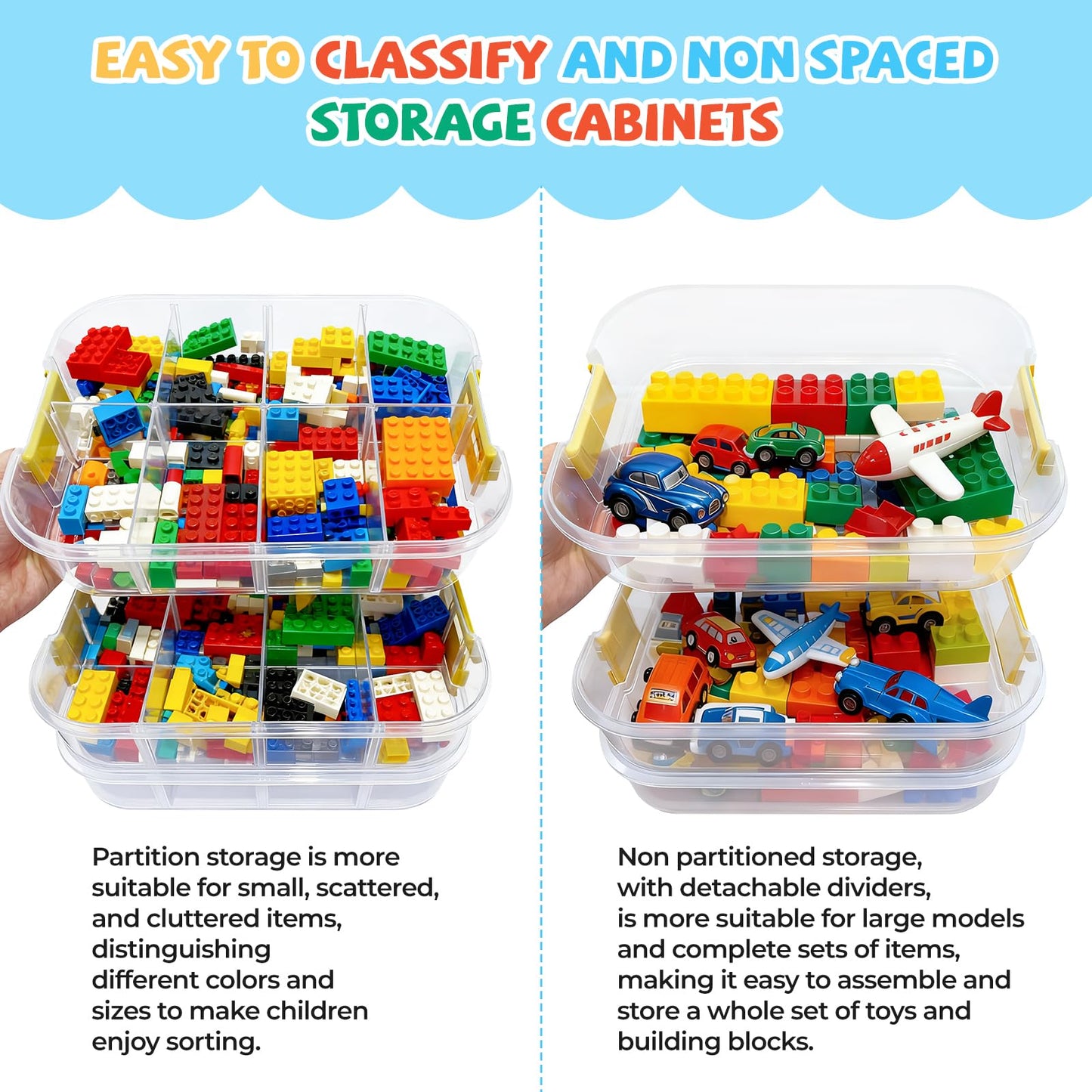 OunglyChoi Storage Boxes with Lids for Lego Cube 4-Layers Stackable Blocks Organizing Box with Handle Clear Compartment Container for Kids Toy