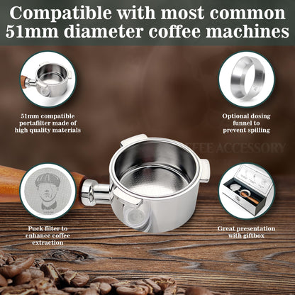 Gritty Blenders 51mm Bottomless Portafilter with Compatible Puck Screen and Basket | Compatible with De'Longhi Dedica EC680-685, and Smeg ECF Models