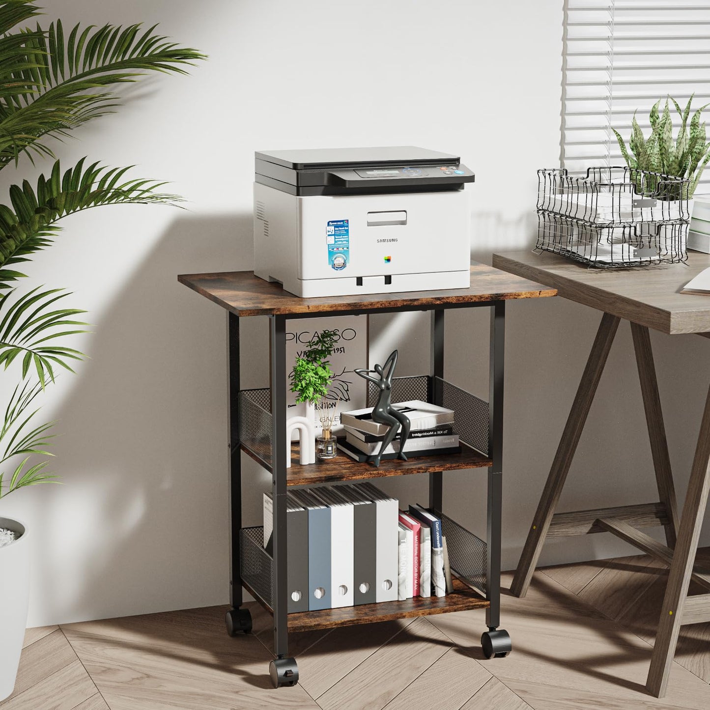 BOHDK Printer Stand, 3-Tier Industrial Large Printer Table with Shelf, 23"x15" Mobile Heavy Duty Storage Rack on Wheels for Home Office Printer Fax