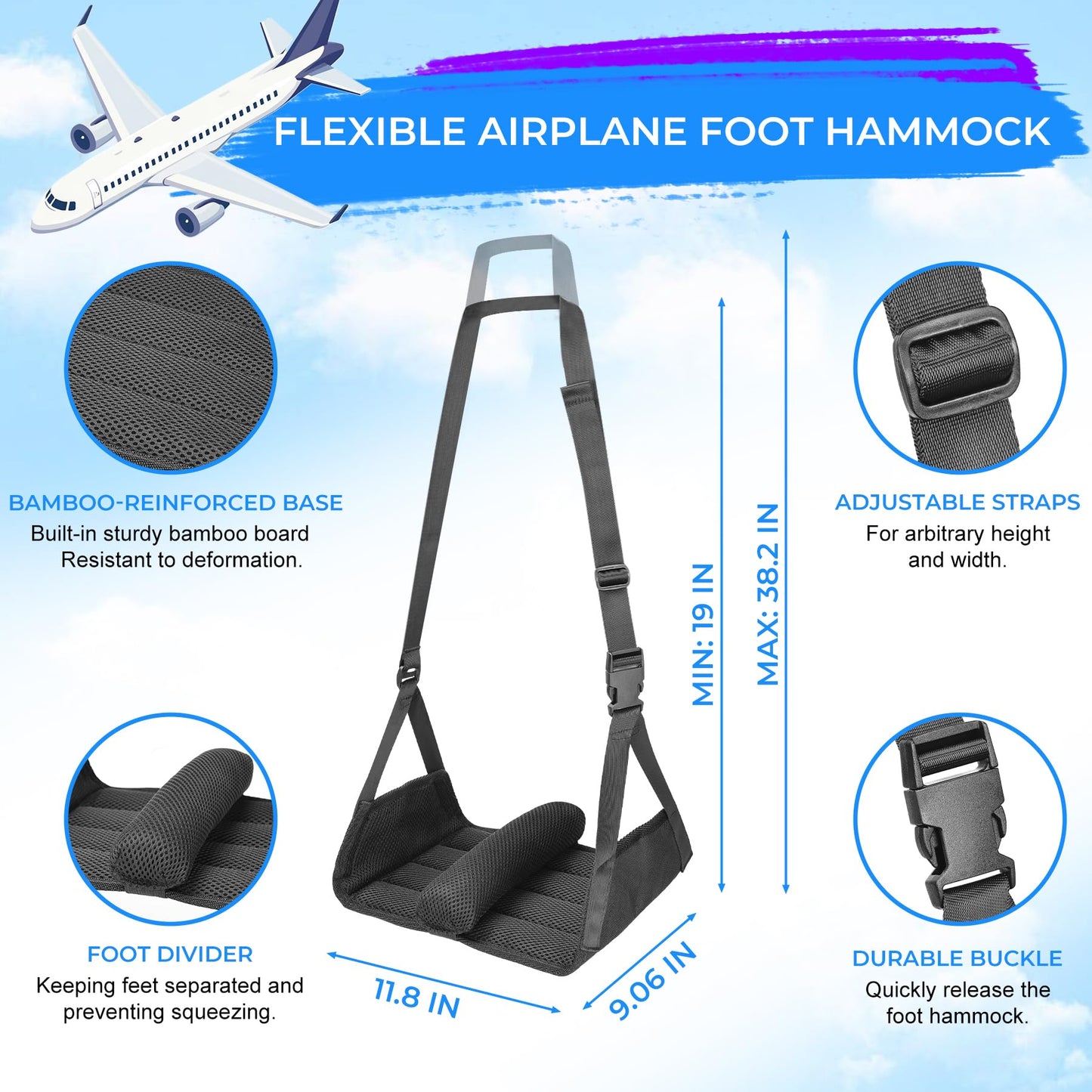 Portable Foot Hammock for Airplane, Foldable Hanging Foot Rest with Interval Sponge, Desk Leg Hammock with Thick Support Plates for Travel, Work