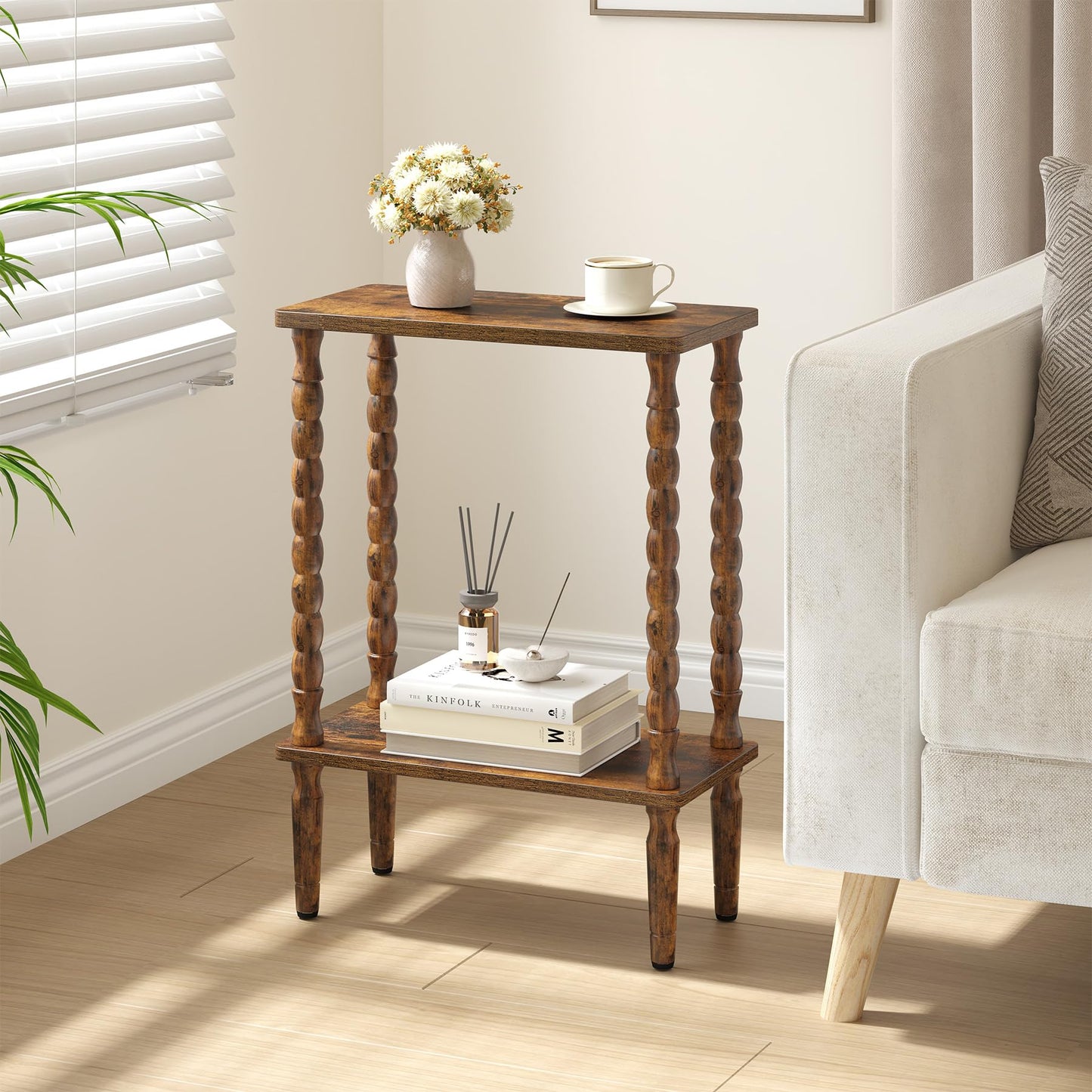 TUTOTAK Narrow Side Table, 2-Tier Small End Table with Storage, Slim Skinny Nightstand for Small Spaces, Living Room, Bedrooms