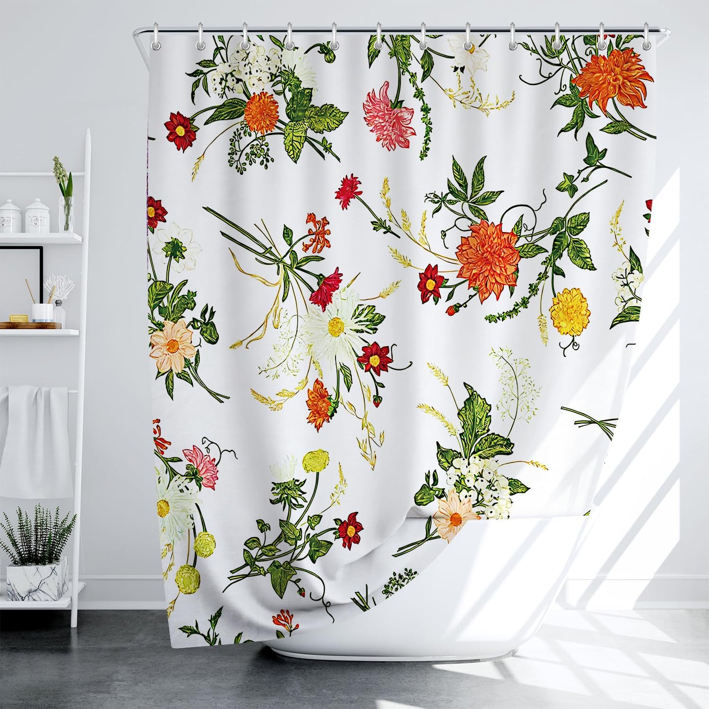 LIVETTY Shower Curtain White Floral Bathroom Curtain 180x180cm Anti-Mould Waterproof Polyester Fabric Bathtub Shower Curtains with 12 Hooks Washable