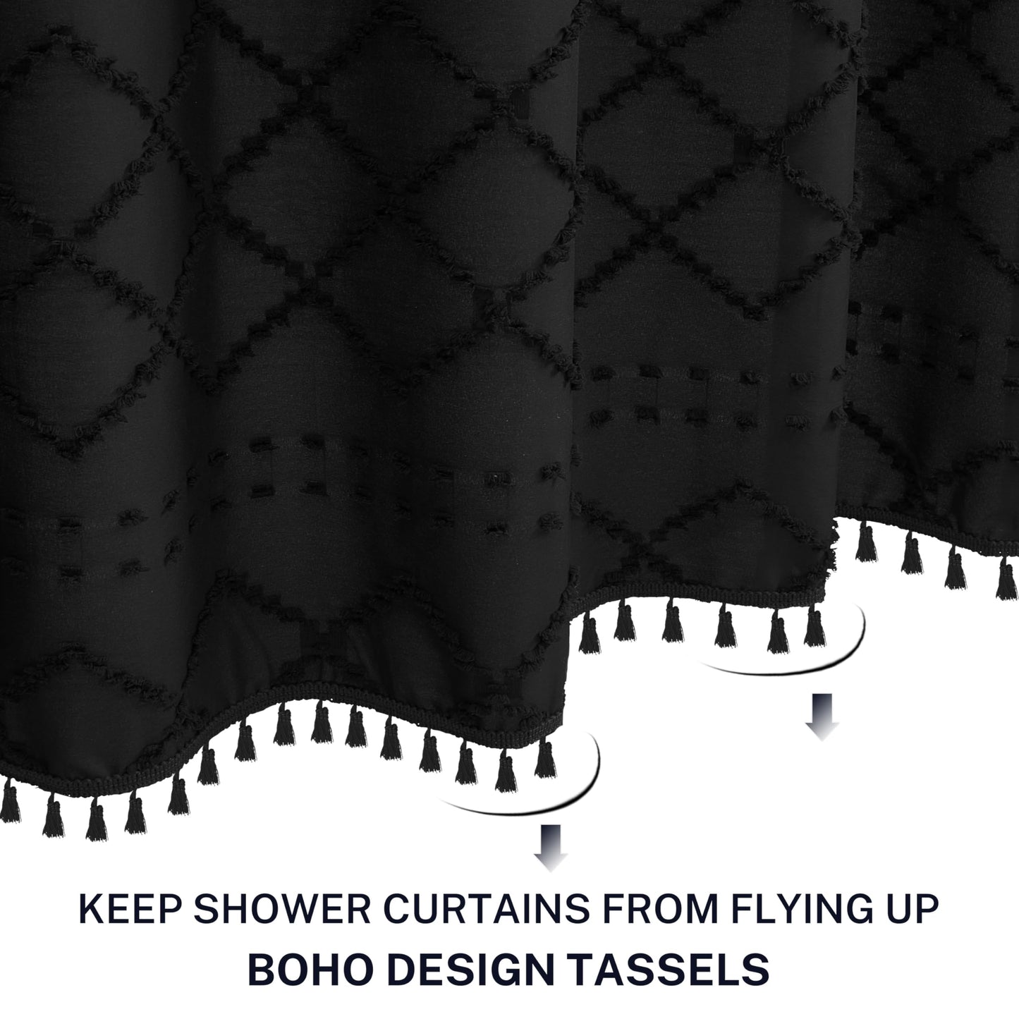 Extra Long Boho Black Woven Fabric Shower Curtain with Tassels 54 x 78 Modern Farmhouse Minimalist, Tufted Chevron Striped Shabby Chic Textured