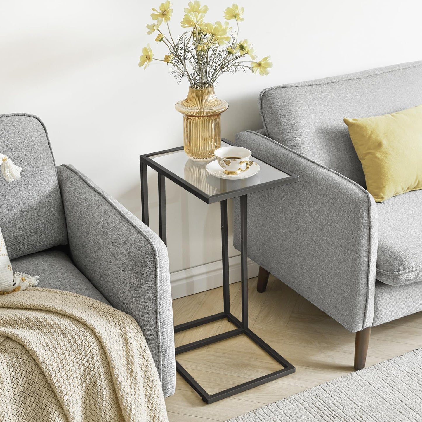 YMYNY C Shaped End Table, Tempered Glass Snack Side Table for Small Space with Metal Frame, Narrow Couch Table, for Living Room, Bedroom