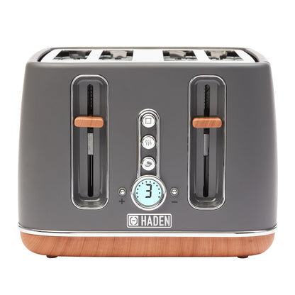 Haden Dorchester Grey Toaster 4 Slice - Variable Browning Levels - Digital Controls & Wide Slots 4 Slice Toaster - Cancel/Defrost/Reheat Settings -