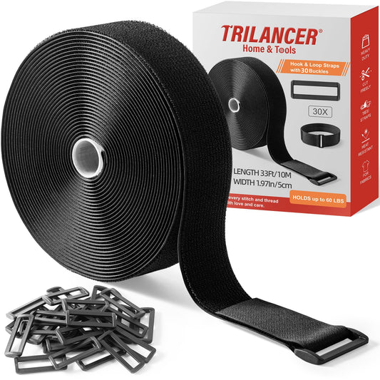 Trilancer 5cm x 10m Heavy Duty Hook and Loop Straps with 30 Buckles ? Adjustable, Cut-to-Length, Reusable Cinch Straps for Securing Cables, Hoses,
