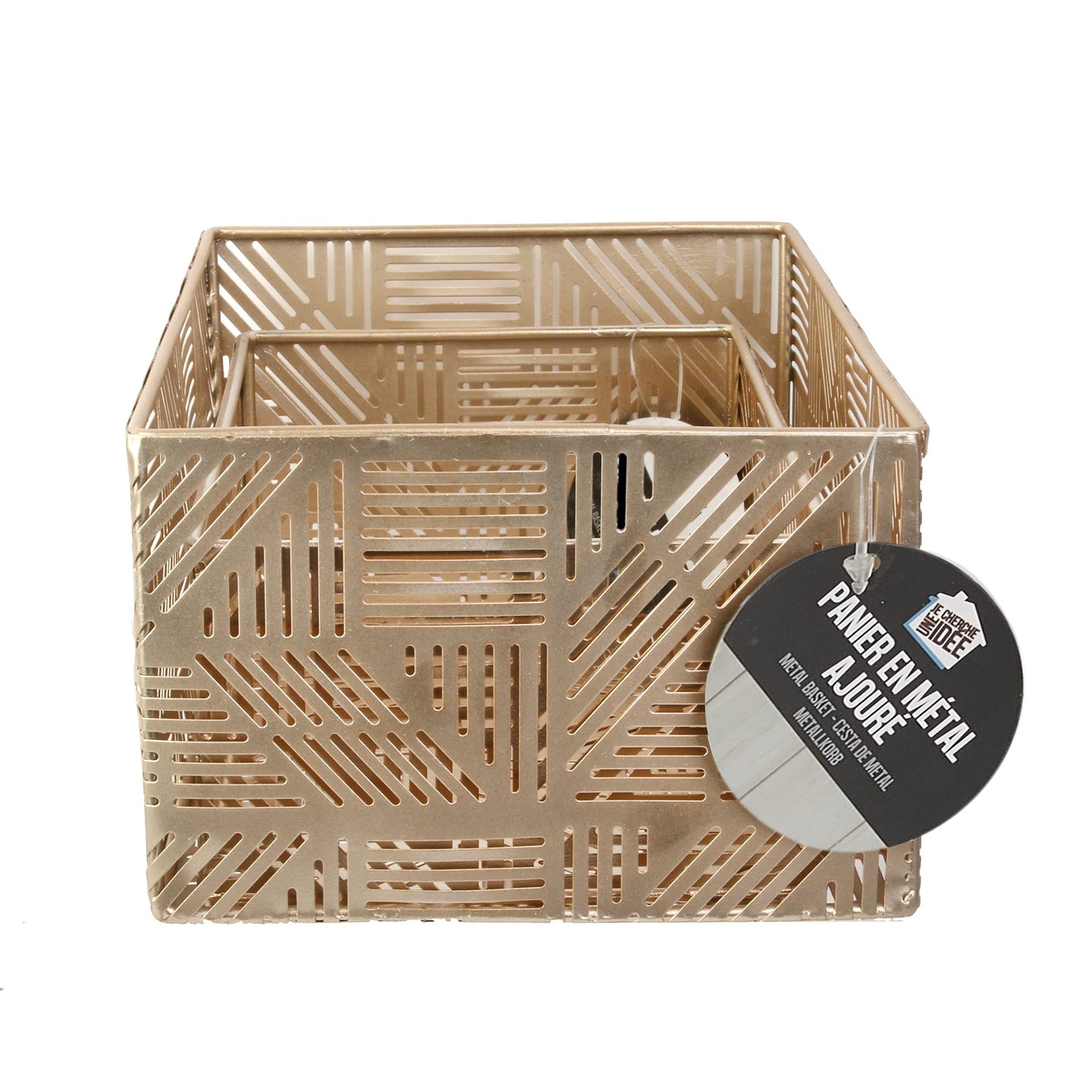 HOME DECO FACTORY - Rg6250 – 2 x Gold Striped Metal Basket Decorative Storage Basket Pot Cover