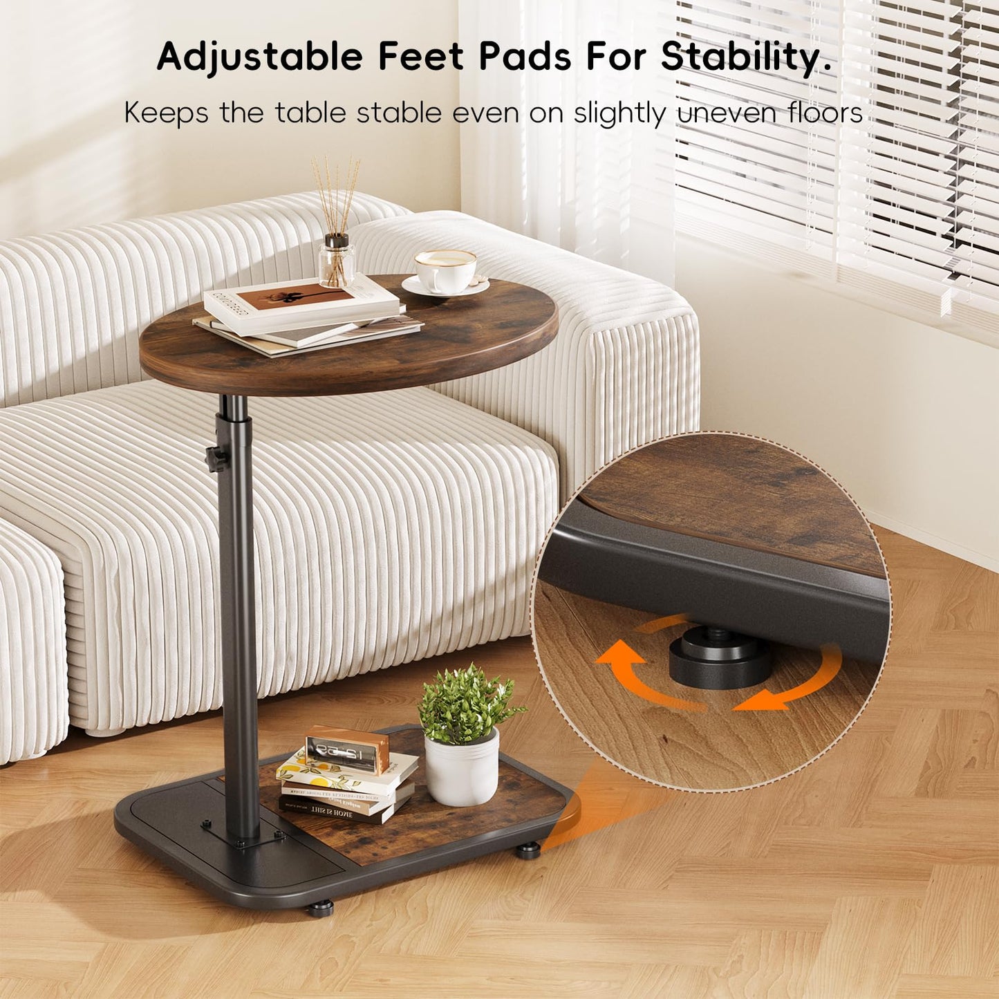 Mutool Lifting Side Table, C Shaped End Table Height Adjustable, TV Tray for Living Room Bedroom Office, Rustic Brown & Black