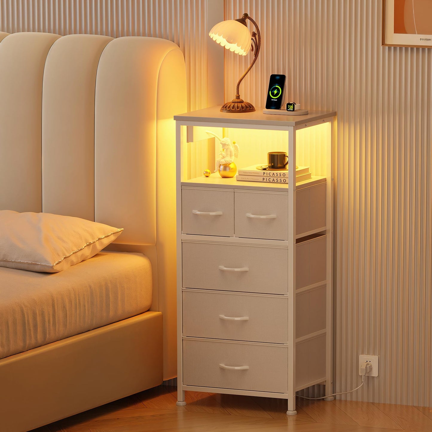 Flrrtenv Bedside Table with LED Light and Charging Station, Bedside Cabinet with 5 Fabric Drawers and Shelf, End Table with Plug for Bedroom