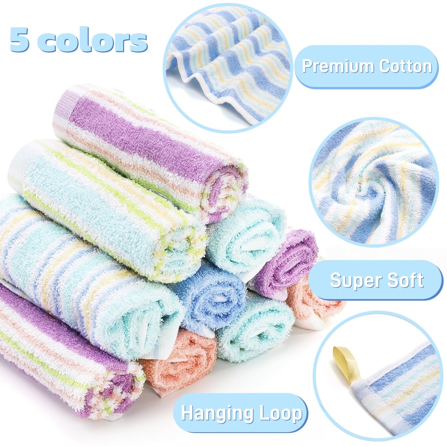 Pumtus 20 Pack Small Face Wash Cloths, 25x25 cm Cotton Soft Hand Towel, Comfortable Striped Fingertip Towel for Sensitive Skin
