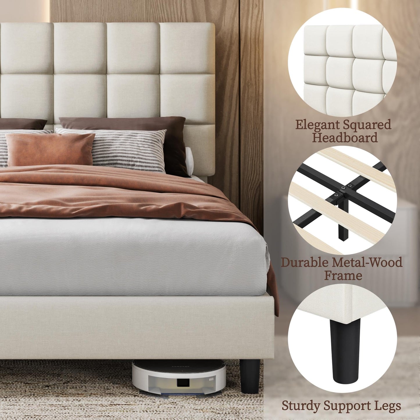 Yaheetech 4ft6 Double Bed Frame, Upholstered Headboard, Beige