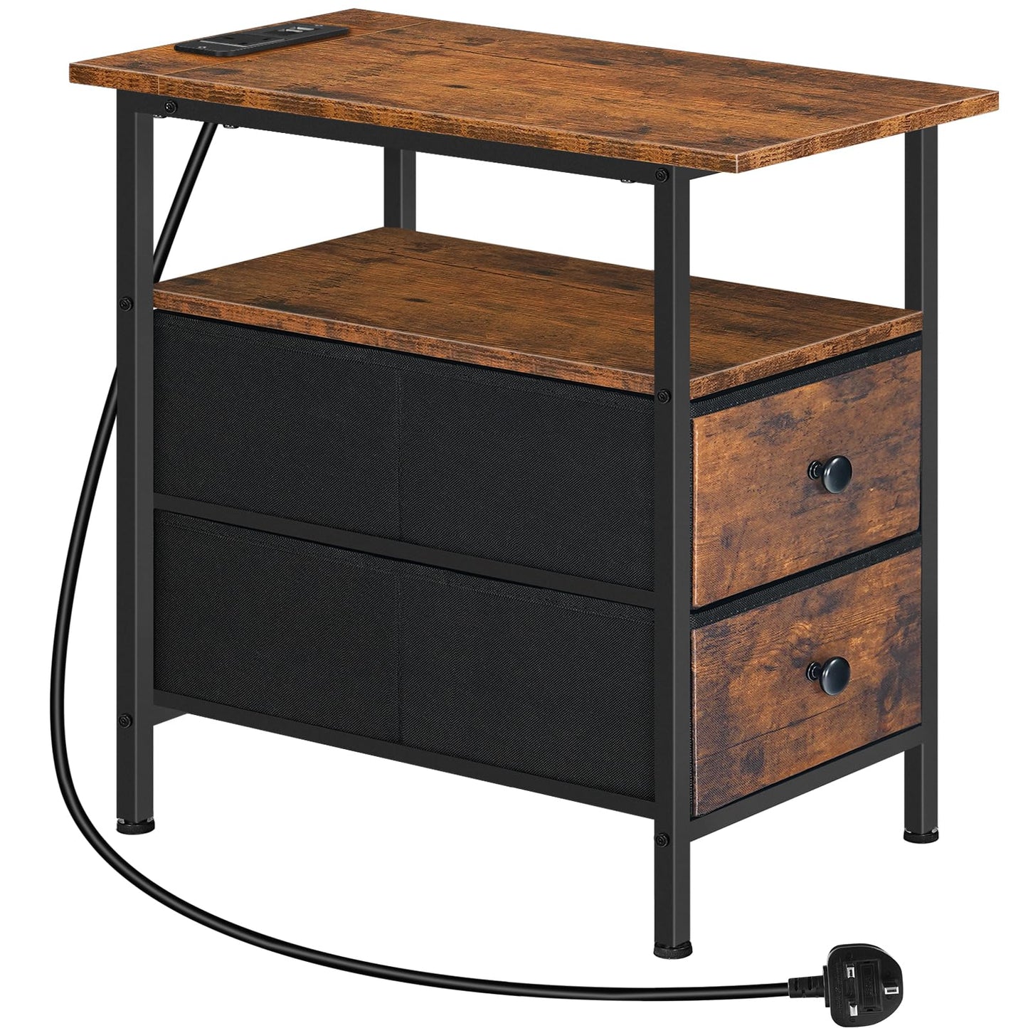HOOBRO Narrow Bedside Table with Charging Station, with 2 Non-Woven Drawers, Slim Side Table with USB Ports and Power Outlets, Narrow Side Table for